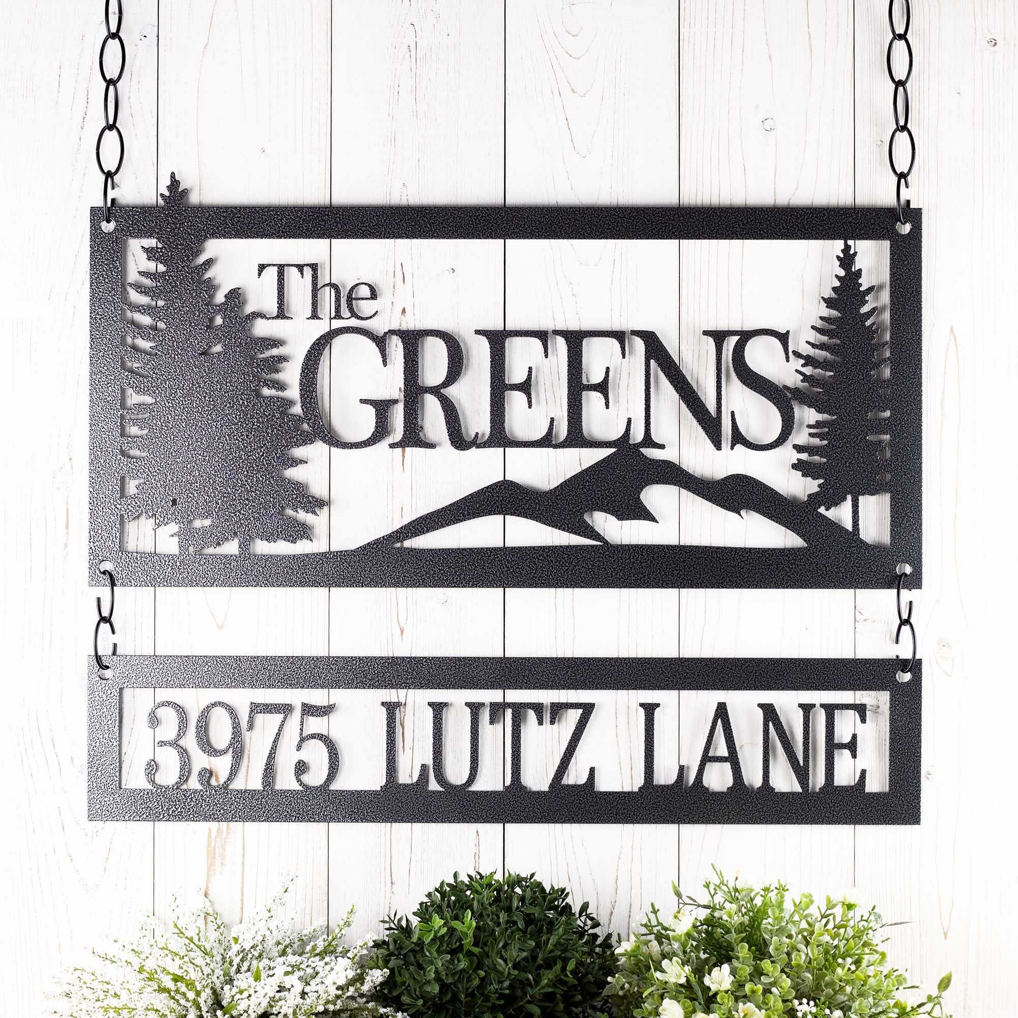 Personalized Metal Family Name and Address Sign with Mountains and Pine Trees 3 