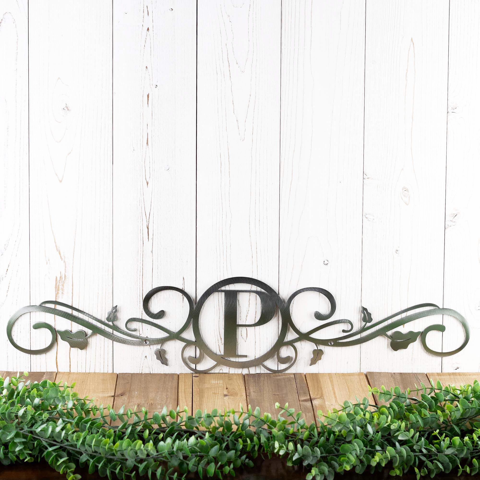 Personalized Scroll Letter Monogram Metal Wall Art, Elegant Leaves and Vines Design, Custom Last Name Initial Horizontal Plaque for Doorway 6 
