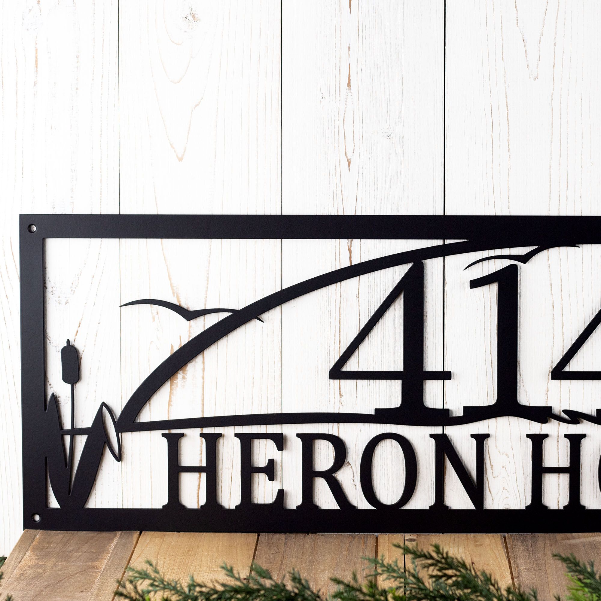 Custom Great Blue Heron Metal Address Sign, Lake Sunset Scene with Egret Bird & Cattails, Beach Home Driveway Entrance House Number Plaque 3 