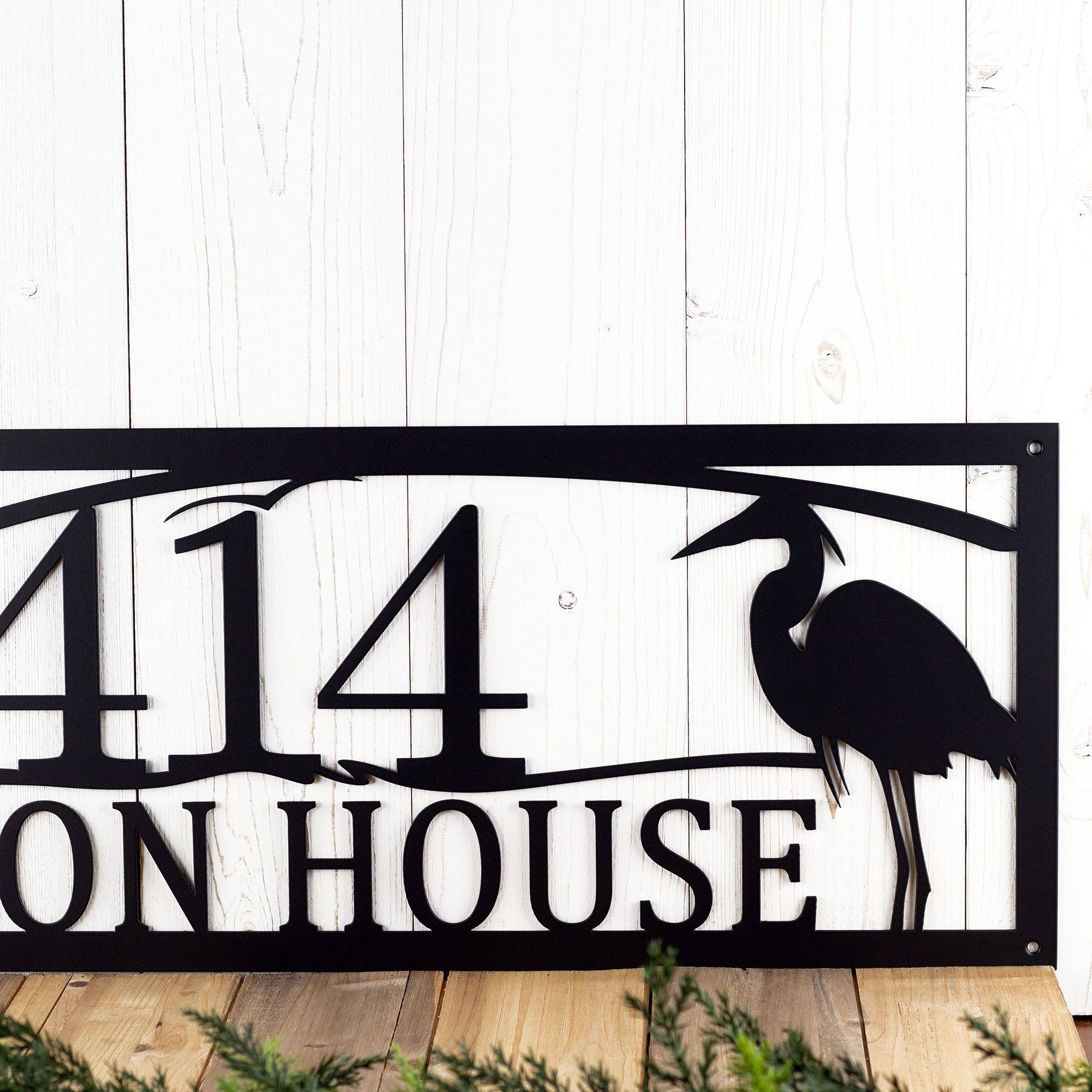 Custom Great Blue Heron Metal Address Sign, Lake Sunset Scene with Egret Bird & Cattails, Beach Home Driveway Entrance House Number Plaque 4 
