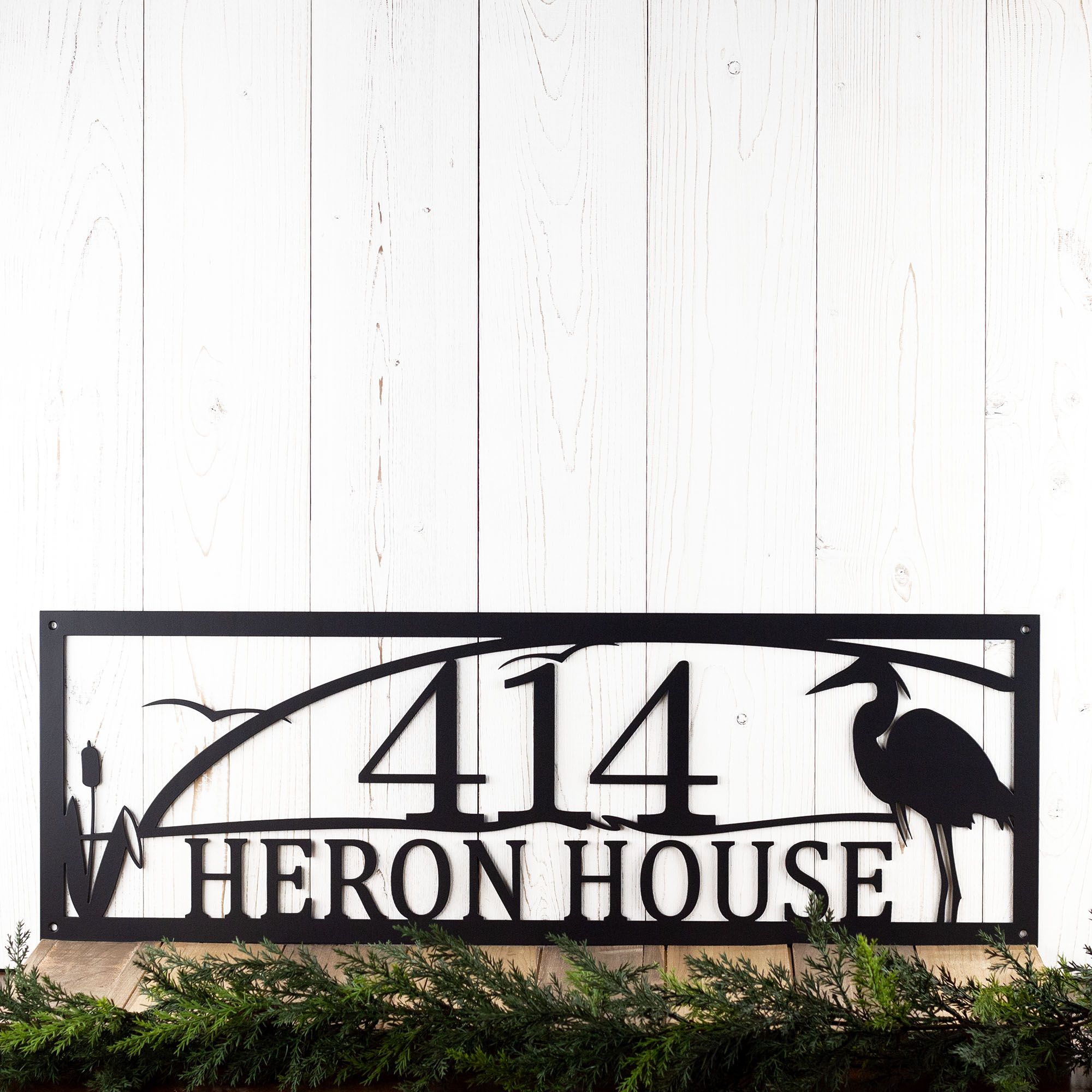 Custom Great Blue Heron Metal Address Sign, Lake Sunset Scene with Egret Bird & Cattails, Beach Home Driveway Entrance House Number Plaque
