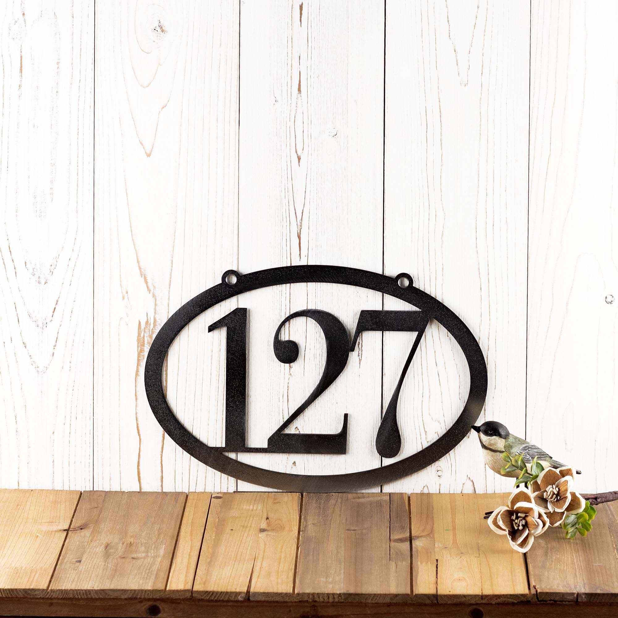 Personalized Contemporary Hanging Oval Metal House Number Sign, Minimalist Horizontal Outdoor Address Plaque, Modern 5 inch Serif Numbers
