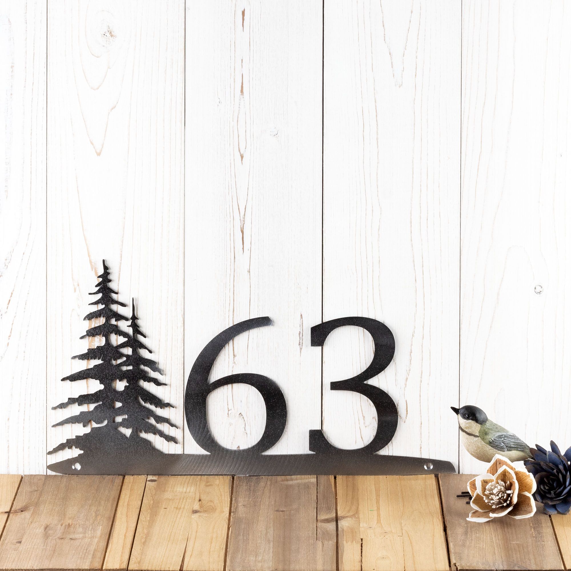 Personalized Metal House Number Sign with Northern Pine Trees Scene, Horizontal 5 inch Numbers, Custom Farmhouse Rustic Address Plaque
