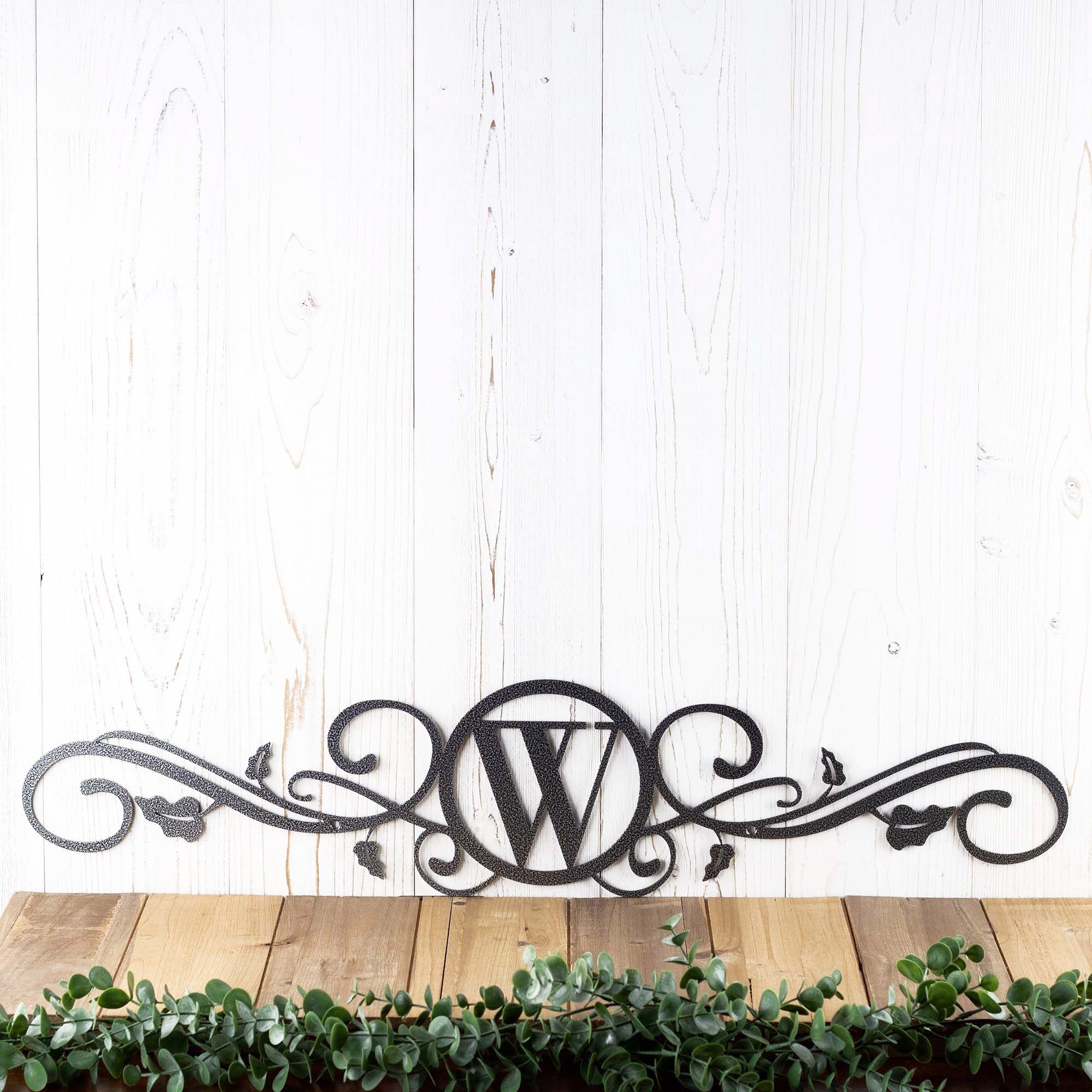 Personalized Scroll Letter Monogram Metal Wall Art, Elegant Leaves and Vines Design, Custom Last Name Initial Horizontal Plaque for Doorway 5 