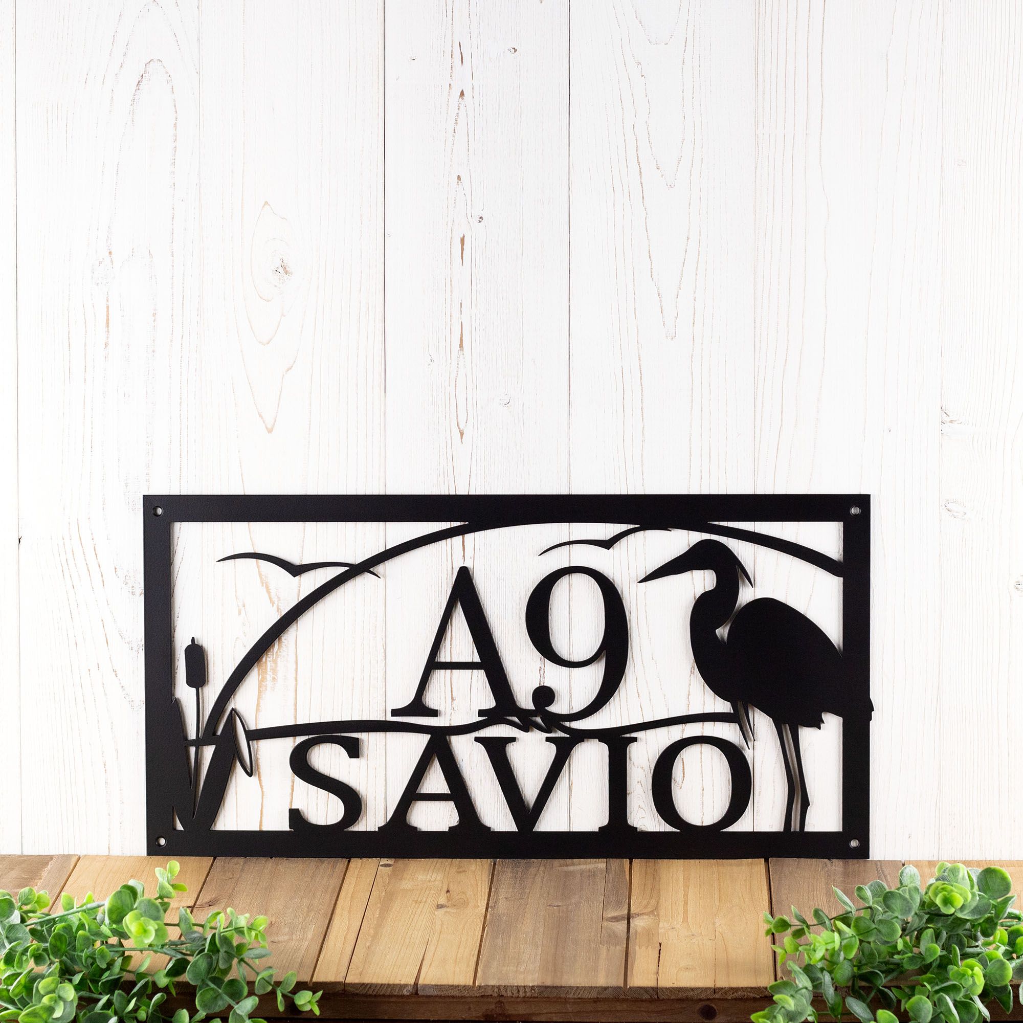 Custom Lake Scene Metal Address Sign, Great Blue Heron, Sunset & Cattails Outdoor Plaque, Lakeshore Cabin Home Decor, Egret Bird Wall Art