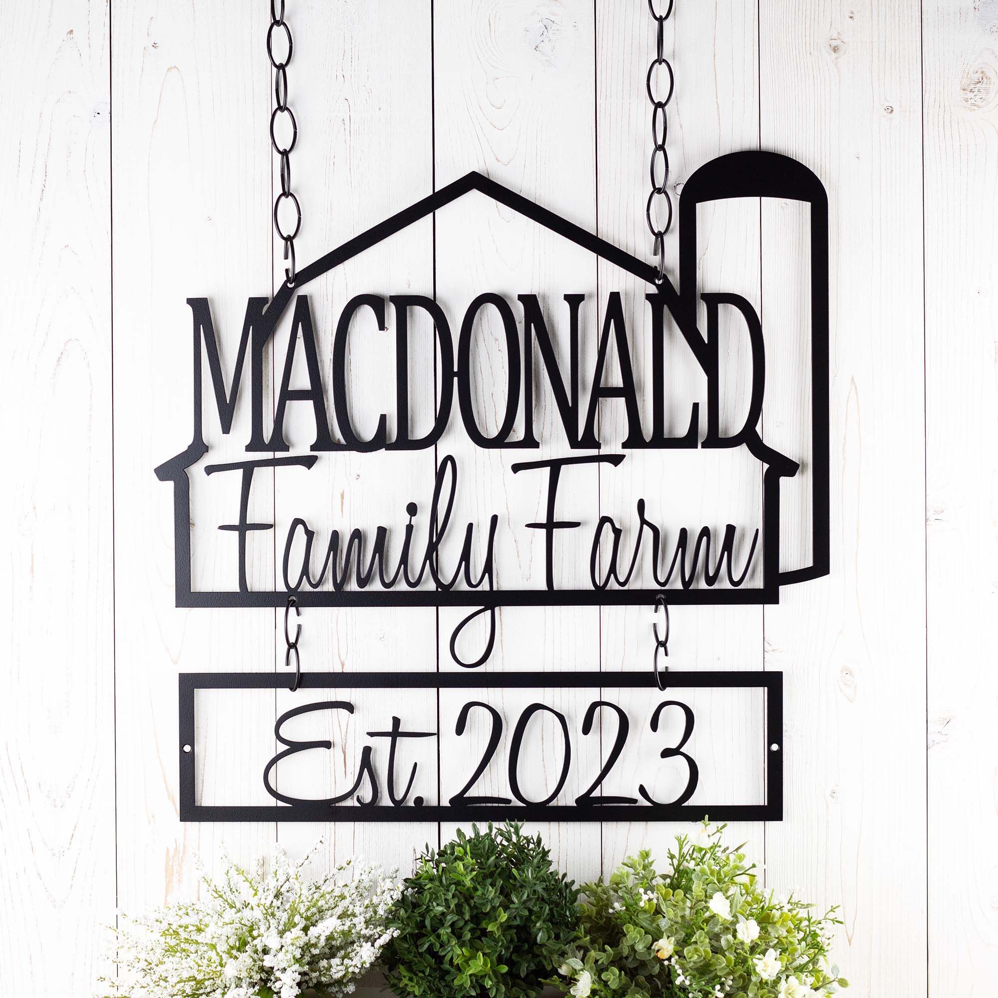 Personalized Metal Family Farm Name and Established Year Sign with Barn and Silo