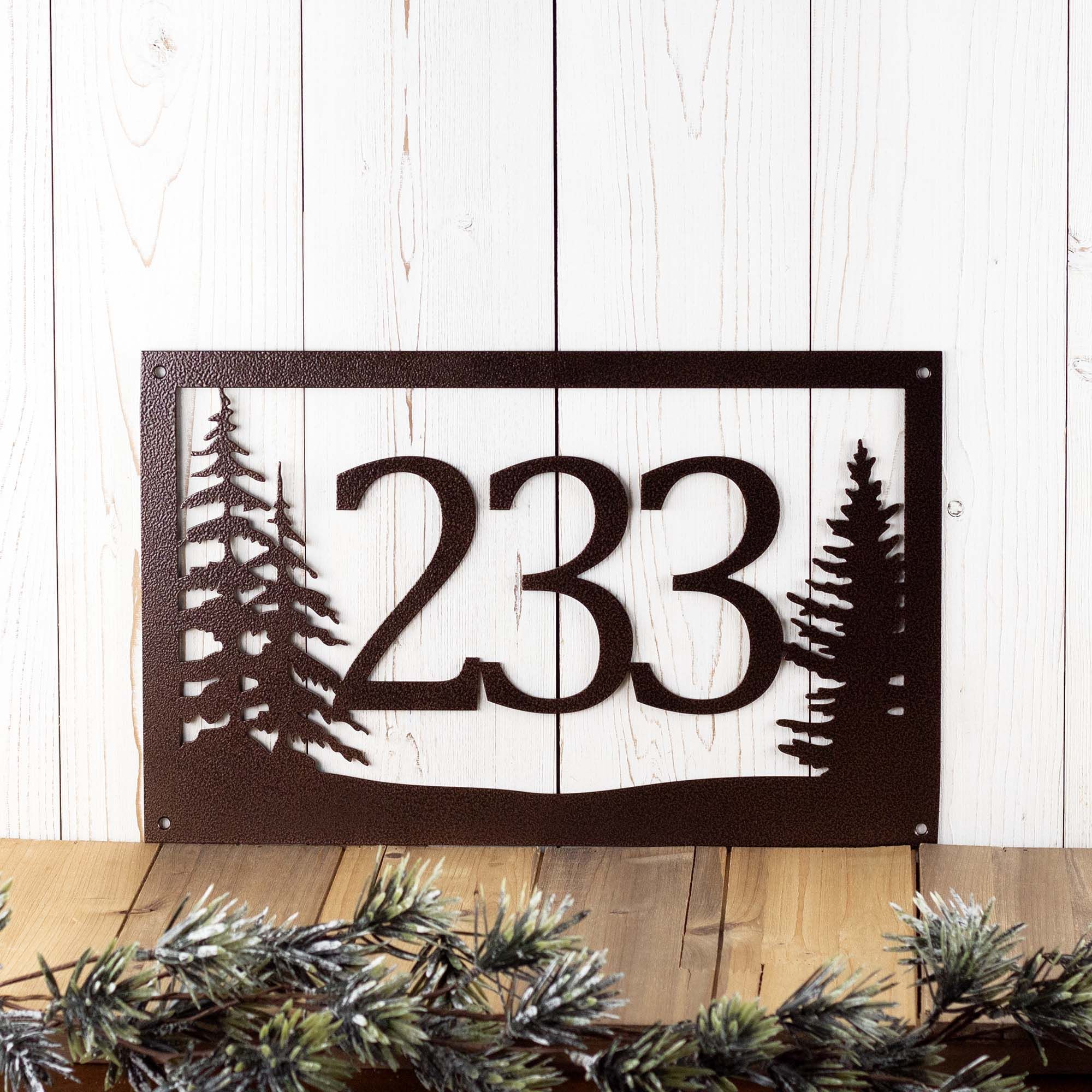 Metal House Number Rectangular Sign with Pine Trees 3 
