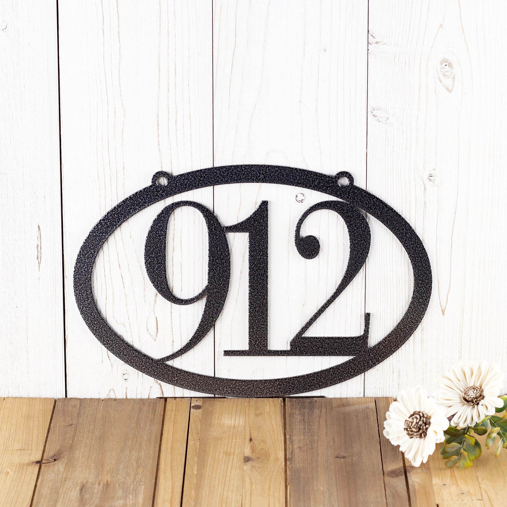 Personalized Contemporary Hanging Oval Metal House Number Sign, Minimalist Horizontal Outdoor Address Plaque, Modern 5 inch Serif Numbers 5 