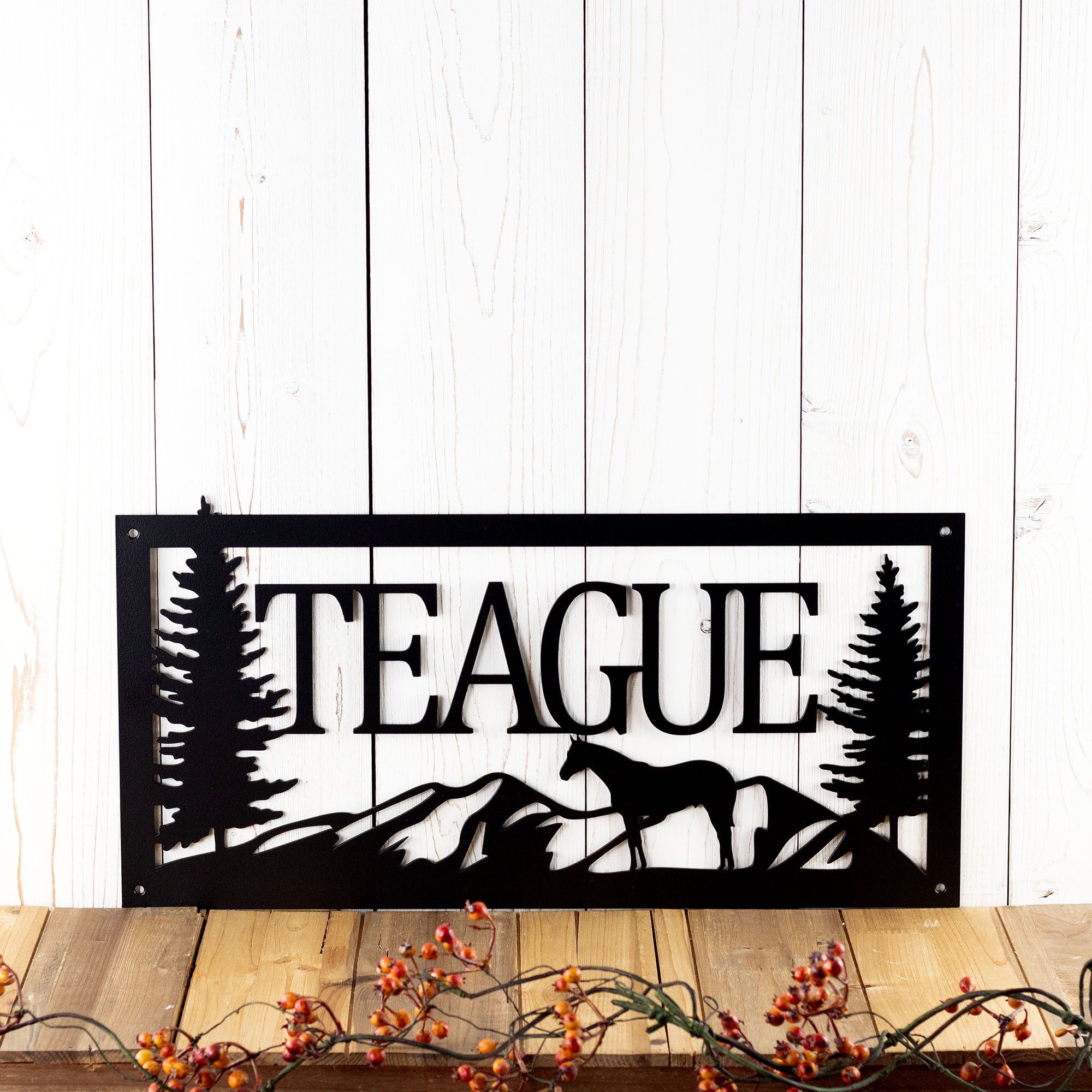 Personalized Family Last Name Metal Sign with Horse Silhouette, Custom Equestrian Outdoor Plaque, Rocky Mountain Range Landscape Wall Art