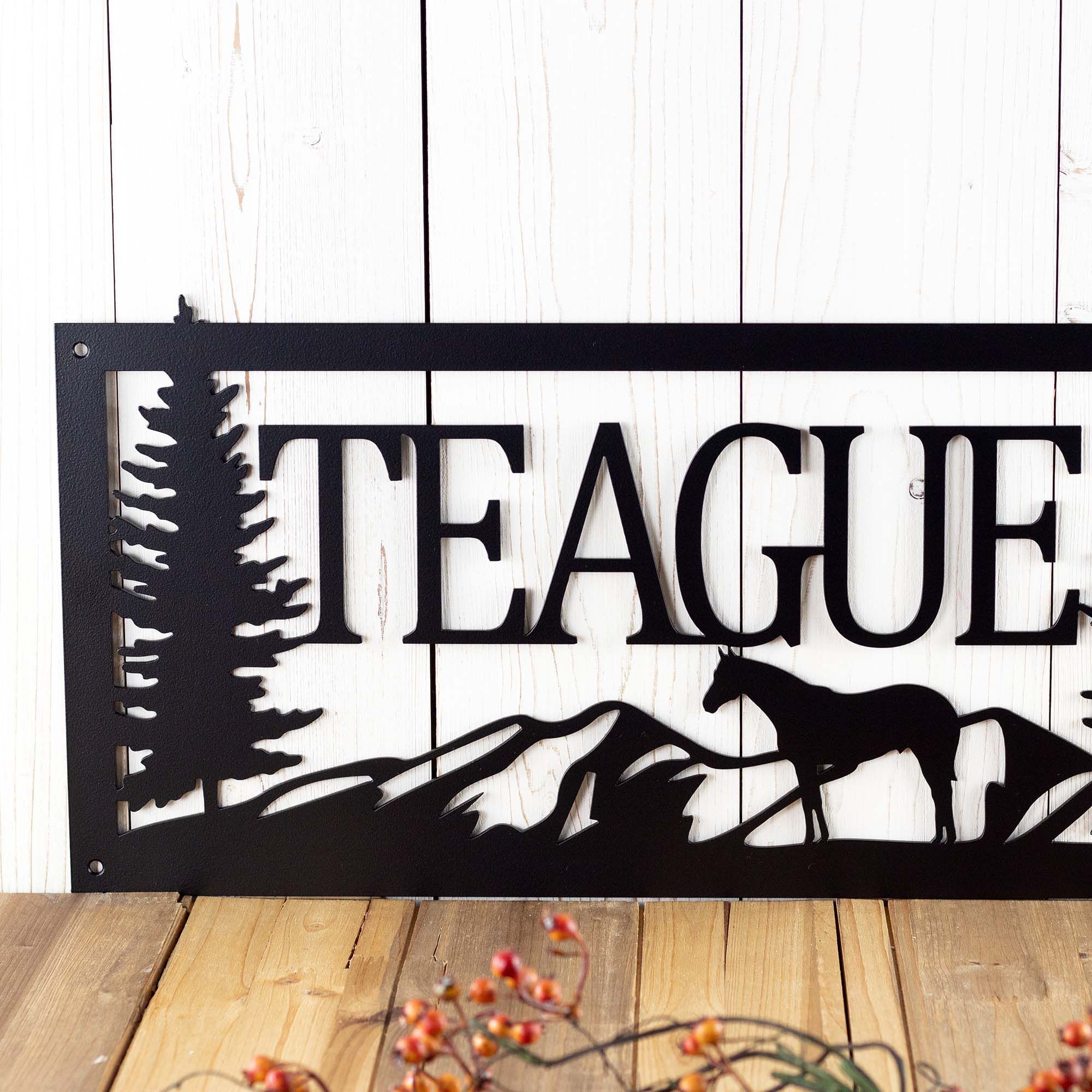Personalized Family Last Name Metal Sign with Horse Silhouette, Custom Equestrian Outdoor Plaque, Rocky Mountain Range Landscape Wall Art 3 