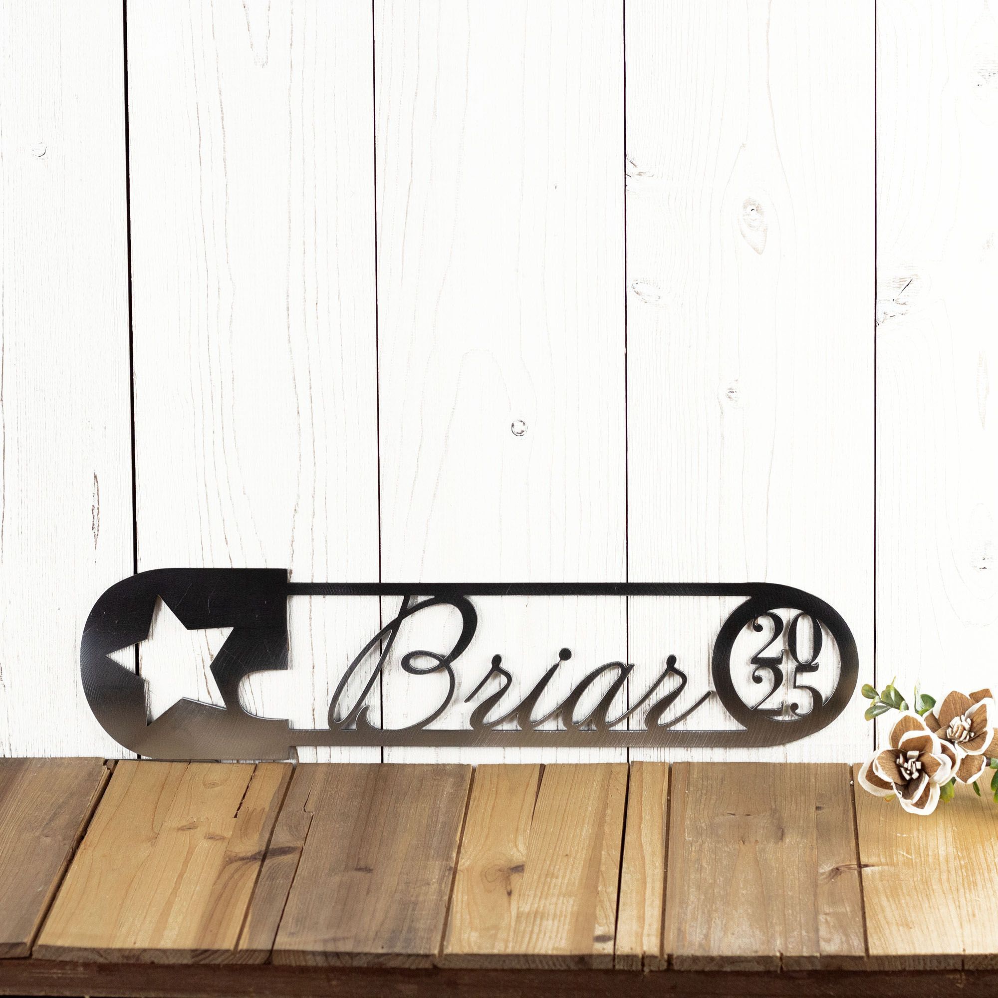 Personalized Newborn Baby Name and Birth Year Metal Sign, Safety Pin & Star, New Infant Boy or Girl Nursery Wall Art, Shower Keepsake Gift