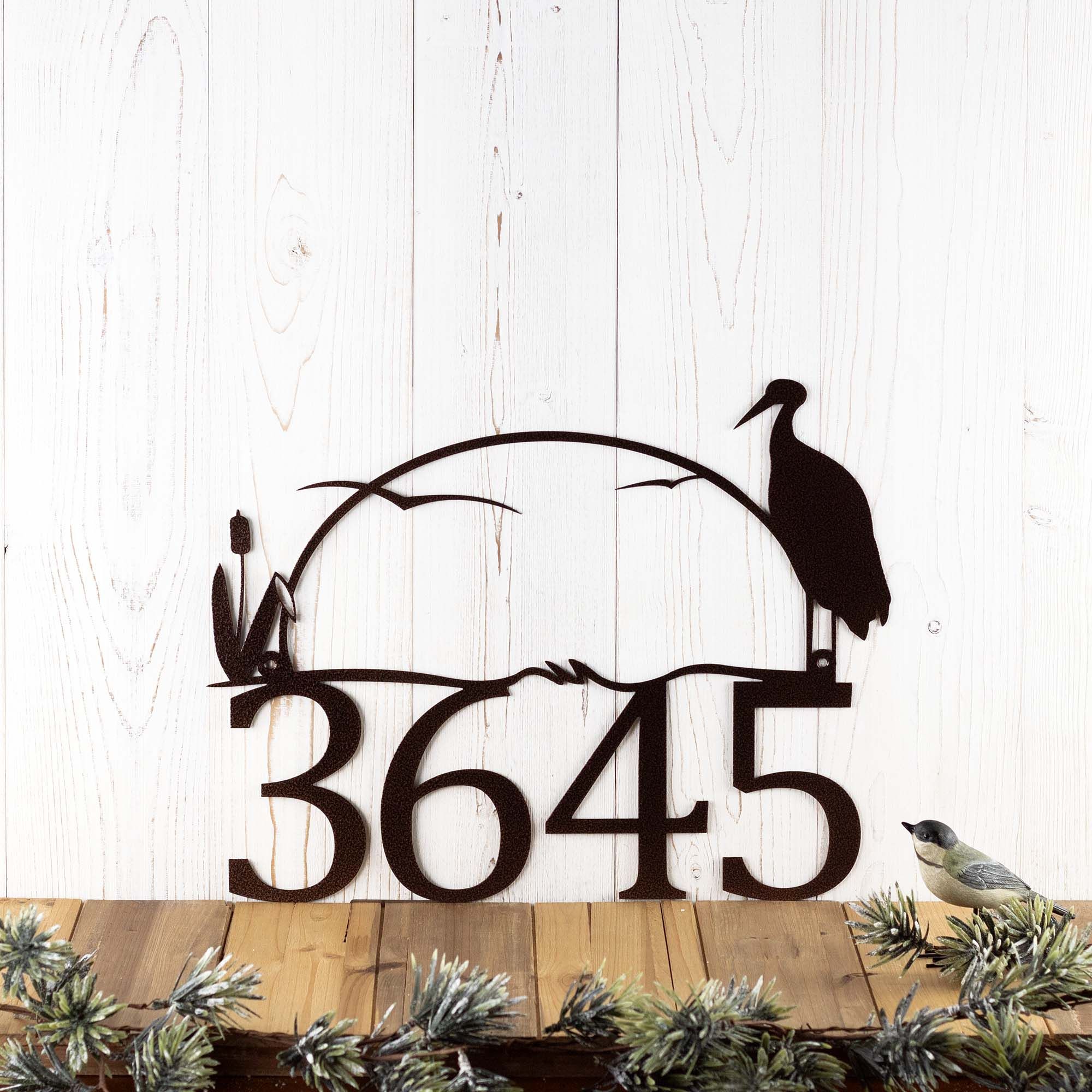 Metal House Numbers Plaque with Sun, Lake Heron, and Cattails