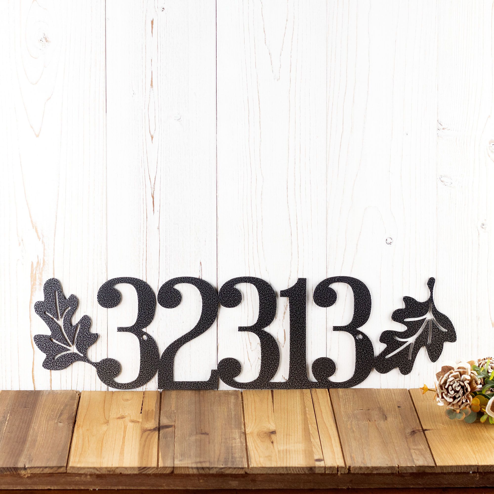 Outdoor Personalized Metal House Number Sign with Autumn Oak Leaves 5 