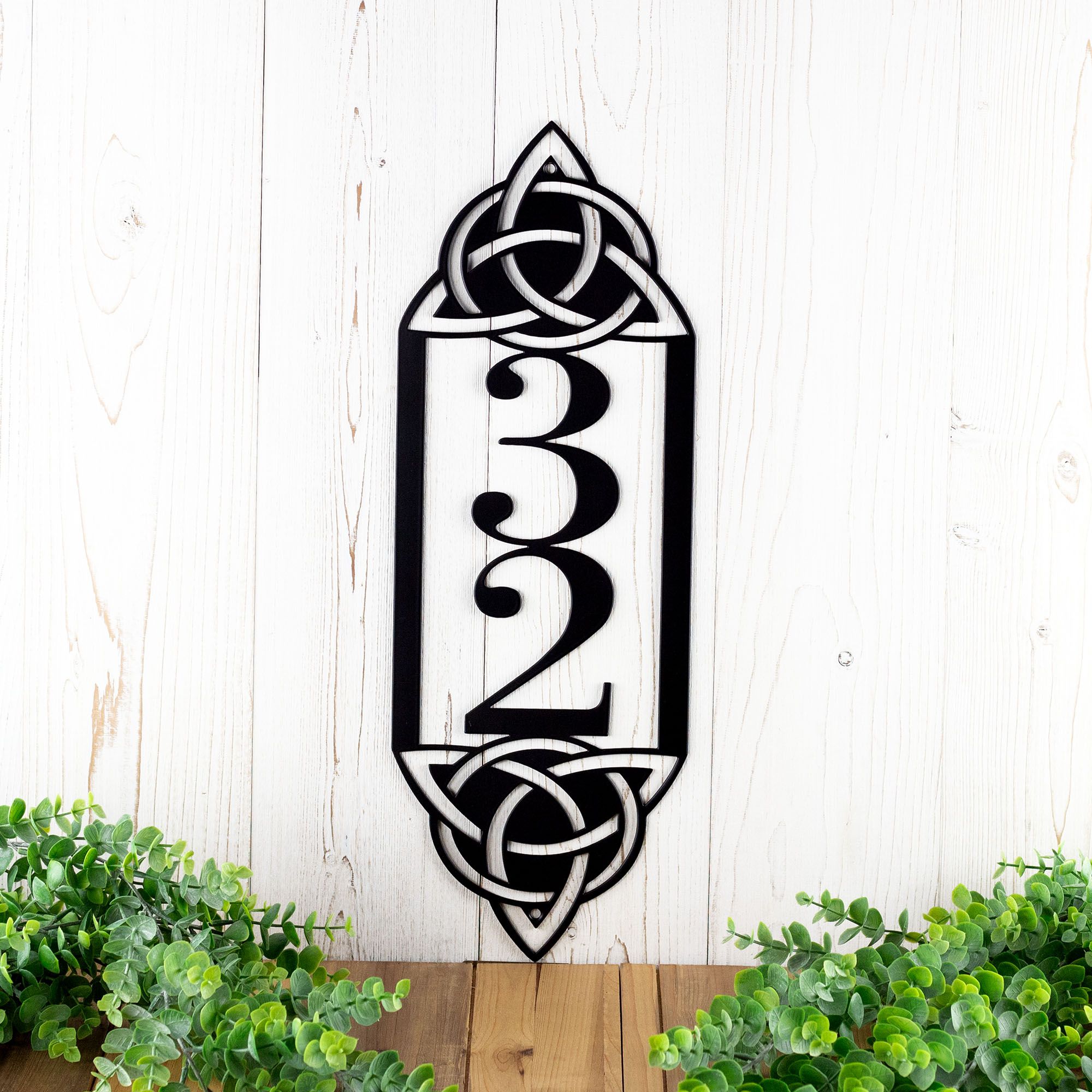 Vertical House Number Metal Plaque with Celtic Knots
