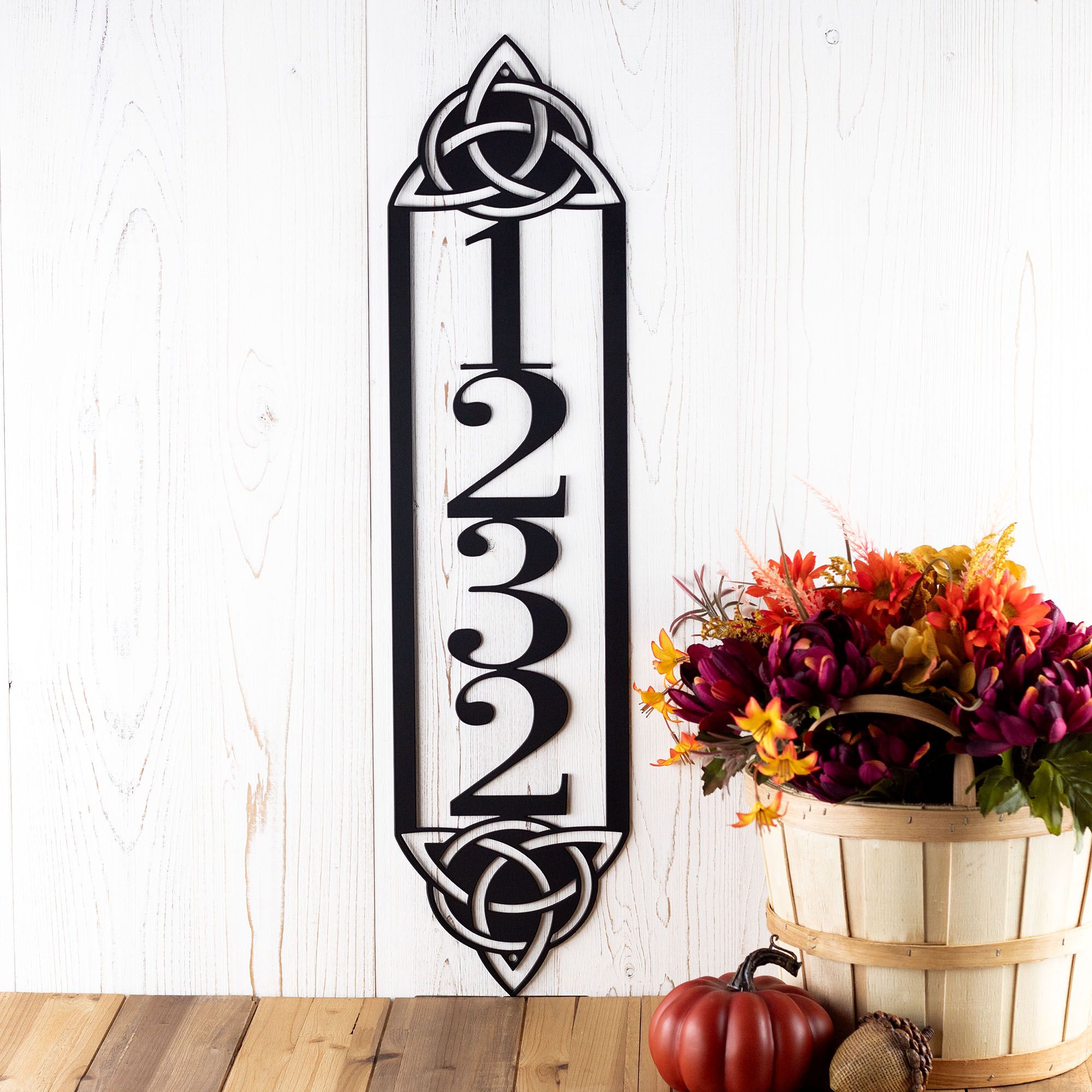 Vertical Metal House Number Plaque with Celtic Knots 1 