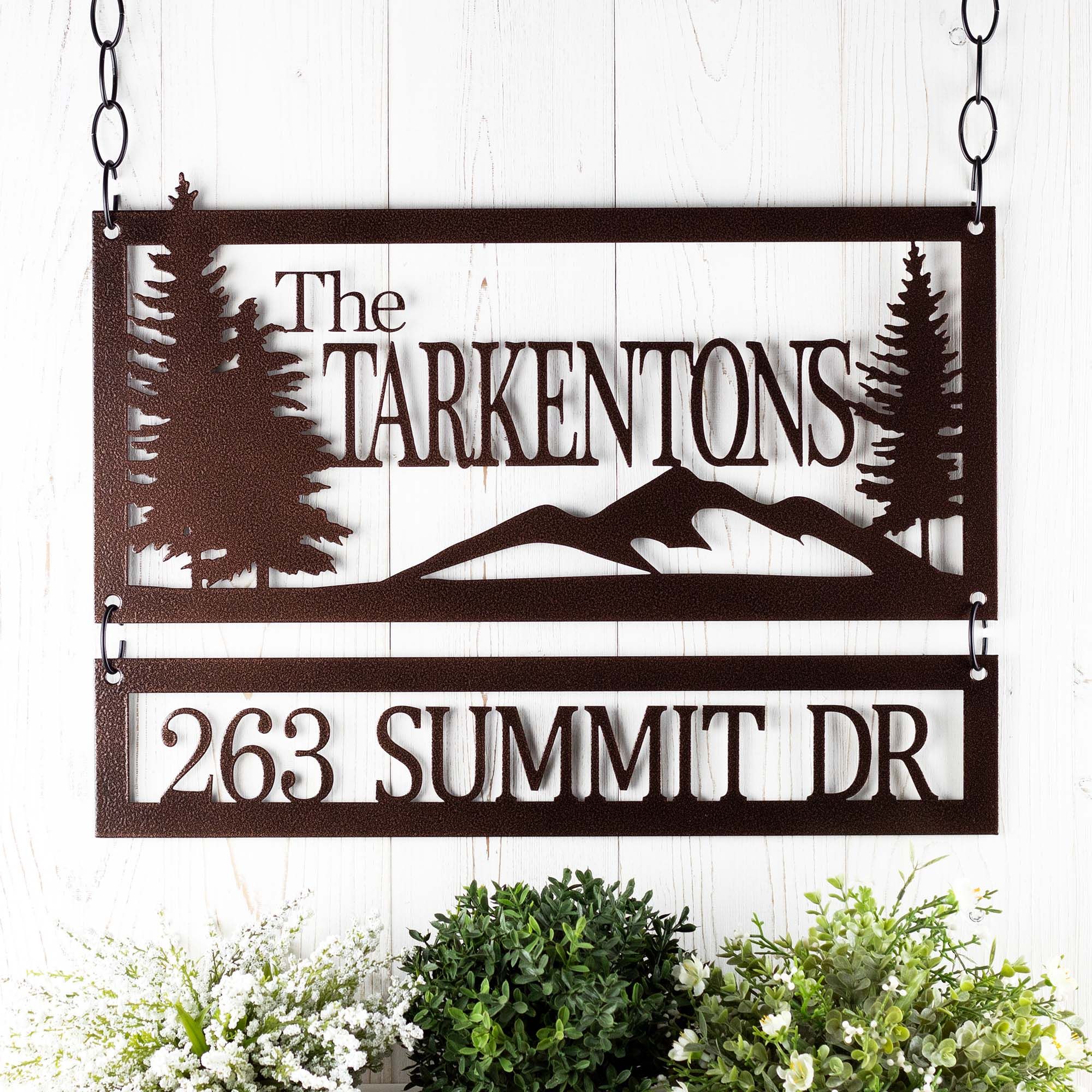 Personalized Metal Family Name and Address Sign with Mountains and Pine Trees 3 