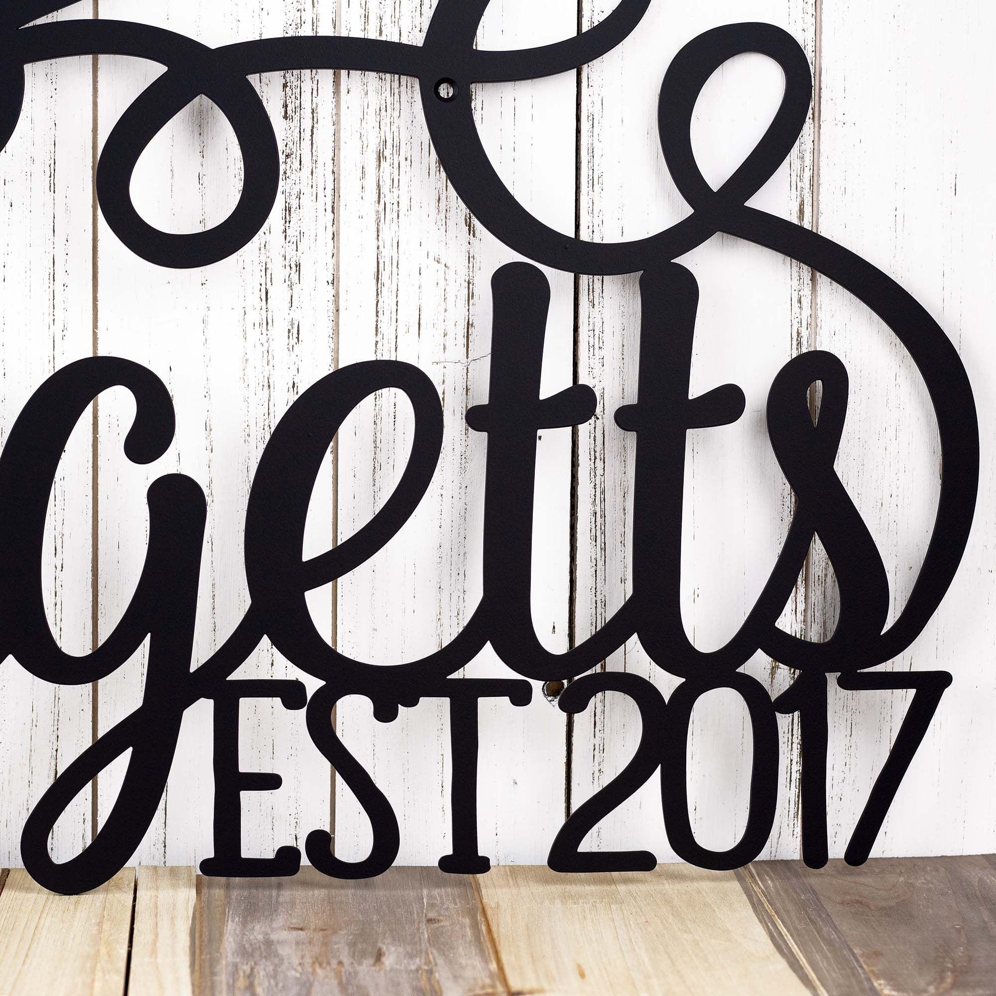 Personalized Cursive Family Last Name and Established Year Metal Sign with Hearts & Scrolls, Custom Script Wall Art, Lake House Est. Plaque 5 