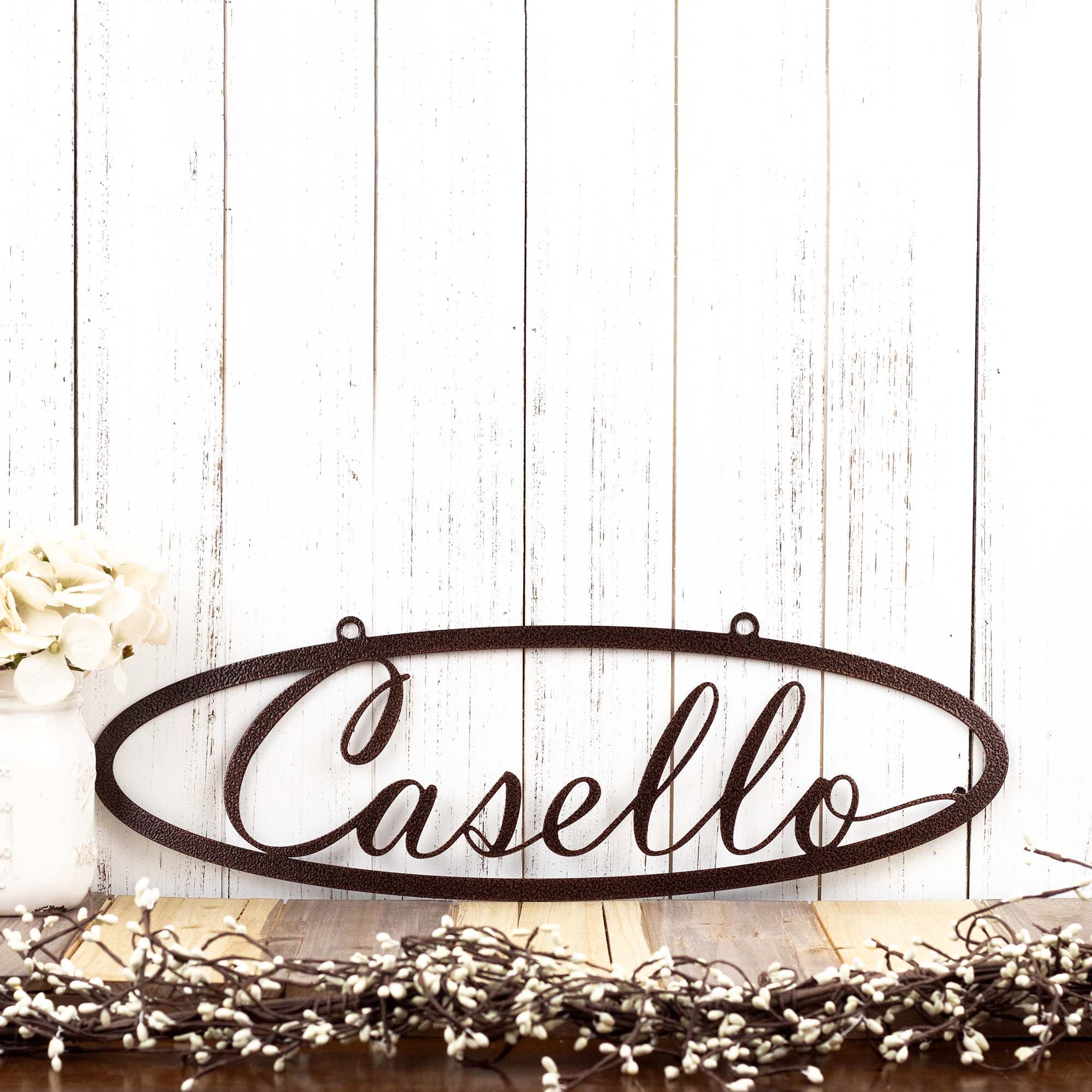 Hanging Oval Metal Name Plaque with Script Lettering