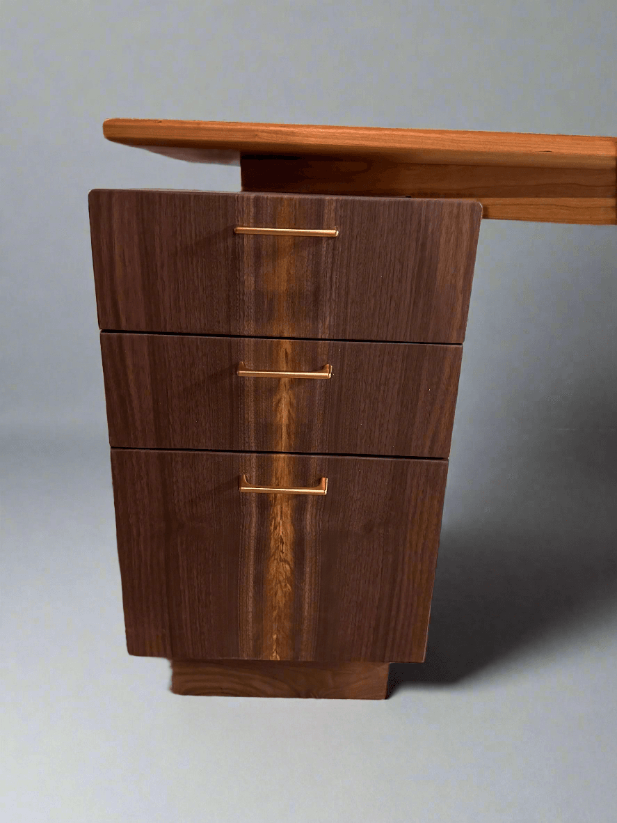 Handcrafted Cherry & Walnut 3 Drawer Wooden Desk, Custom Mid Century Modern Wood Desk, Solid Wood with Sleek Legs and Dovetail Drawers 3 
