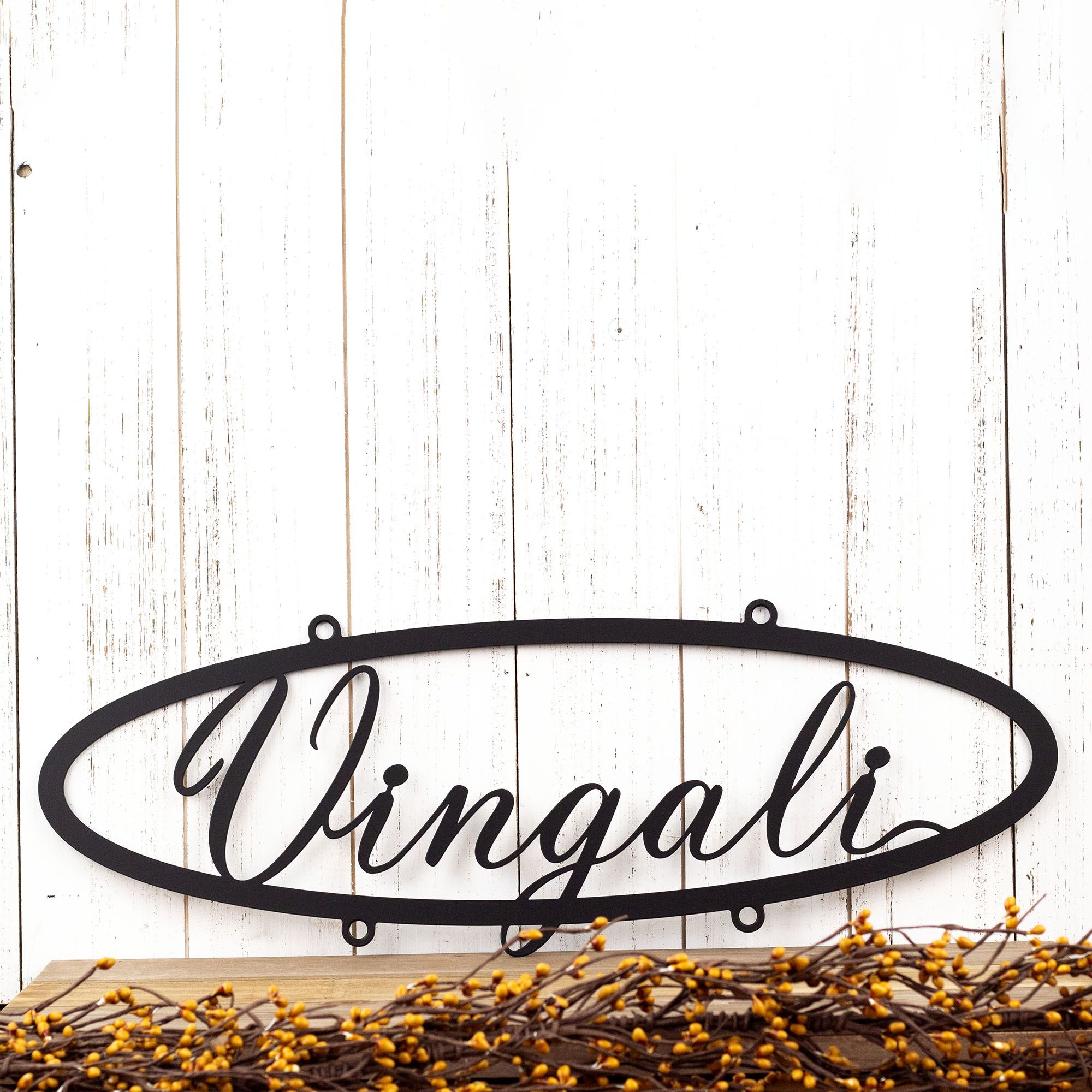 Hanging Oval Metal Name Sign with Script Lettering