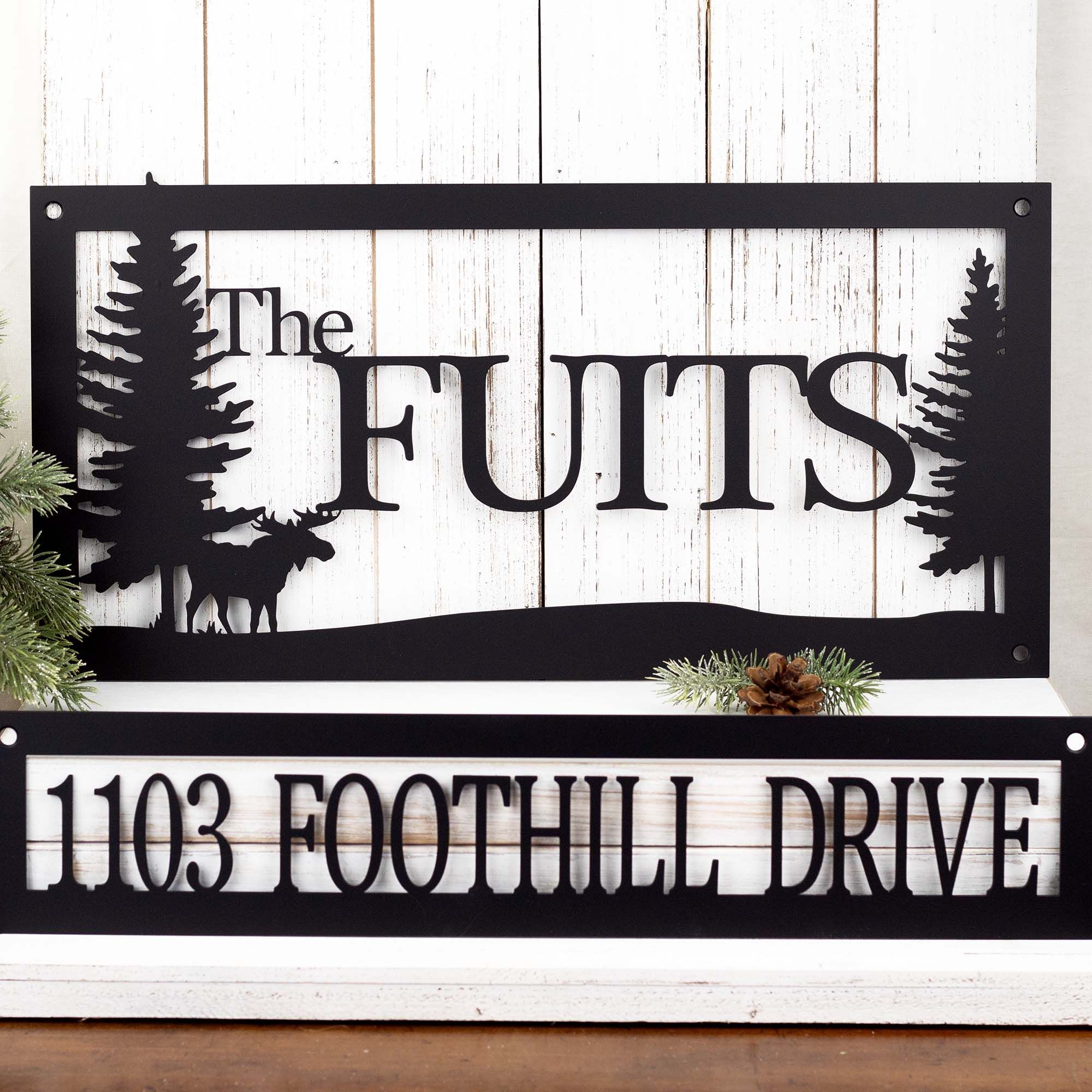 Personalized Metal Family Name and Address Sign with Moose and Pine Trees