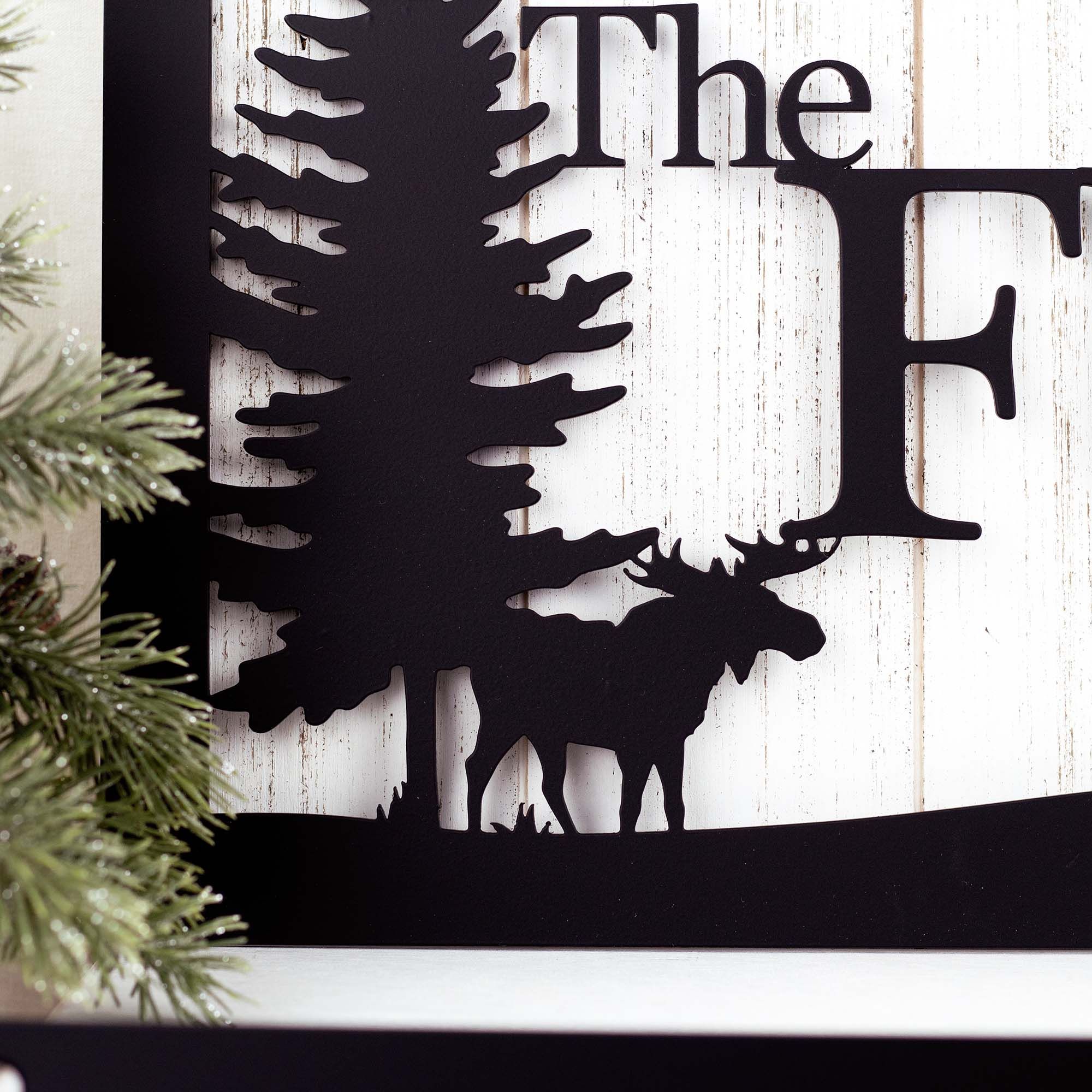 Personalized Metal Family Name and Address Sign with Moose and Pine Trees 4