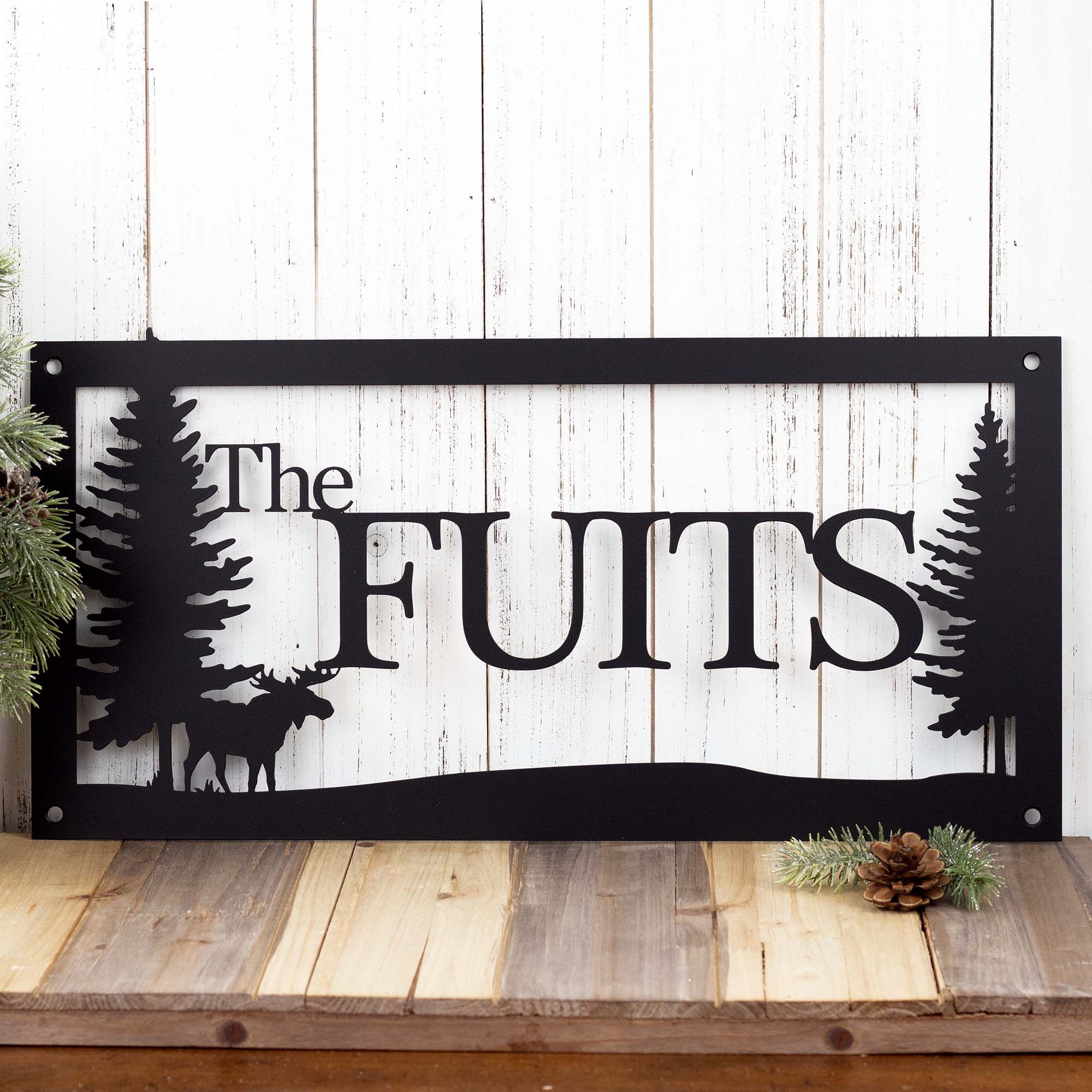 Personalized Metal Family Name and Address Sign with Moose and Pine Trees 3