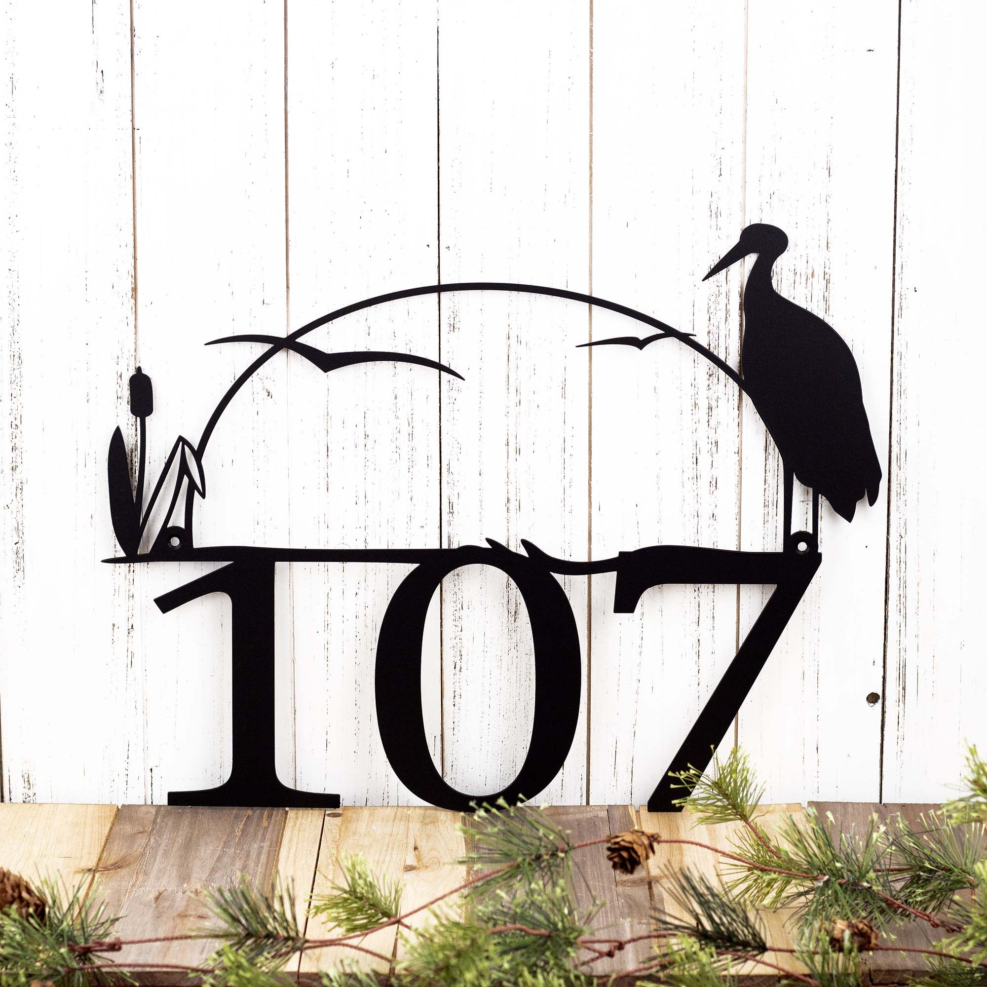 Outdoor Metal House Number Sign with Sun, Lake Heron, and Cattails