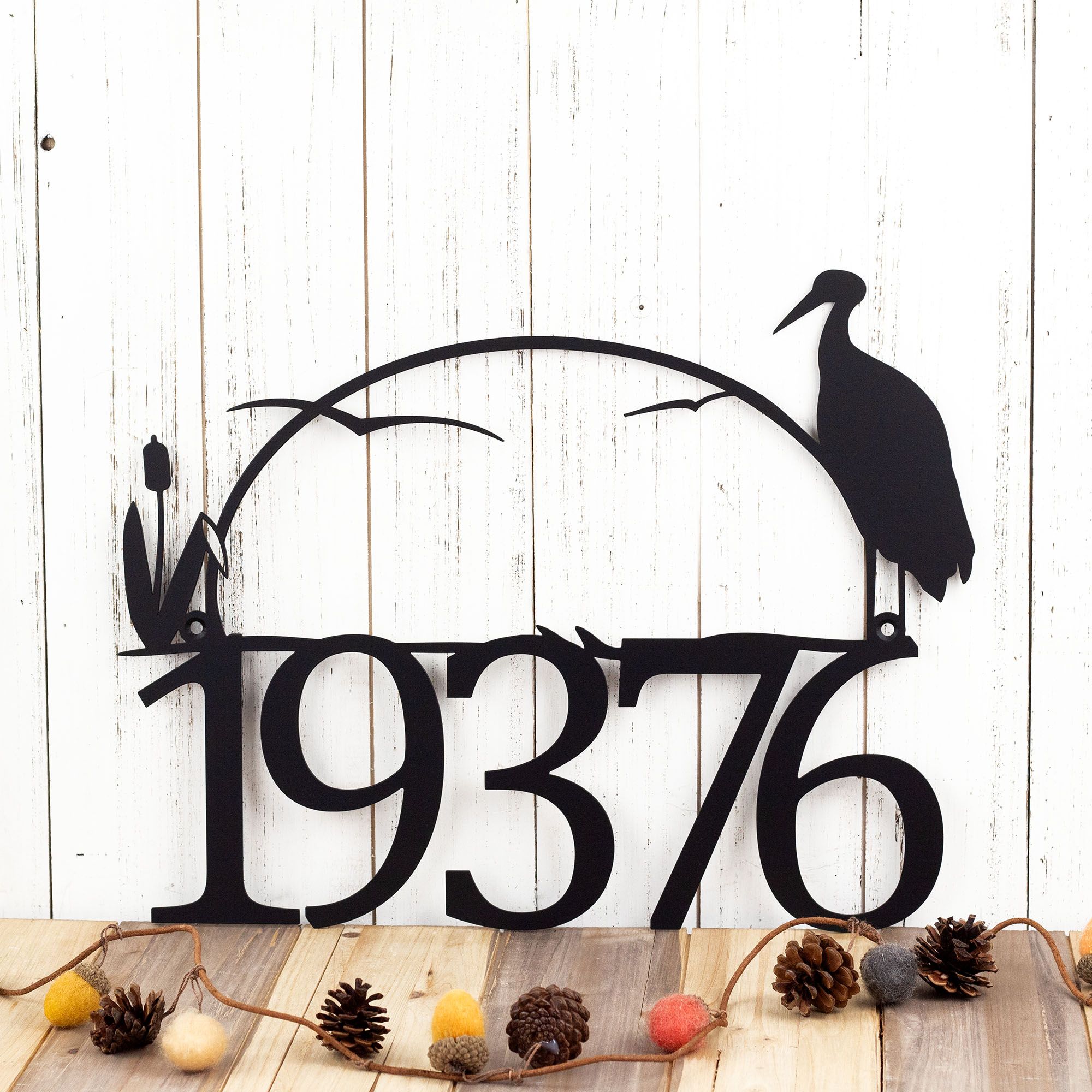Metal House Numbers Sign with Sun, Lake Heron, and Cattails