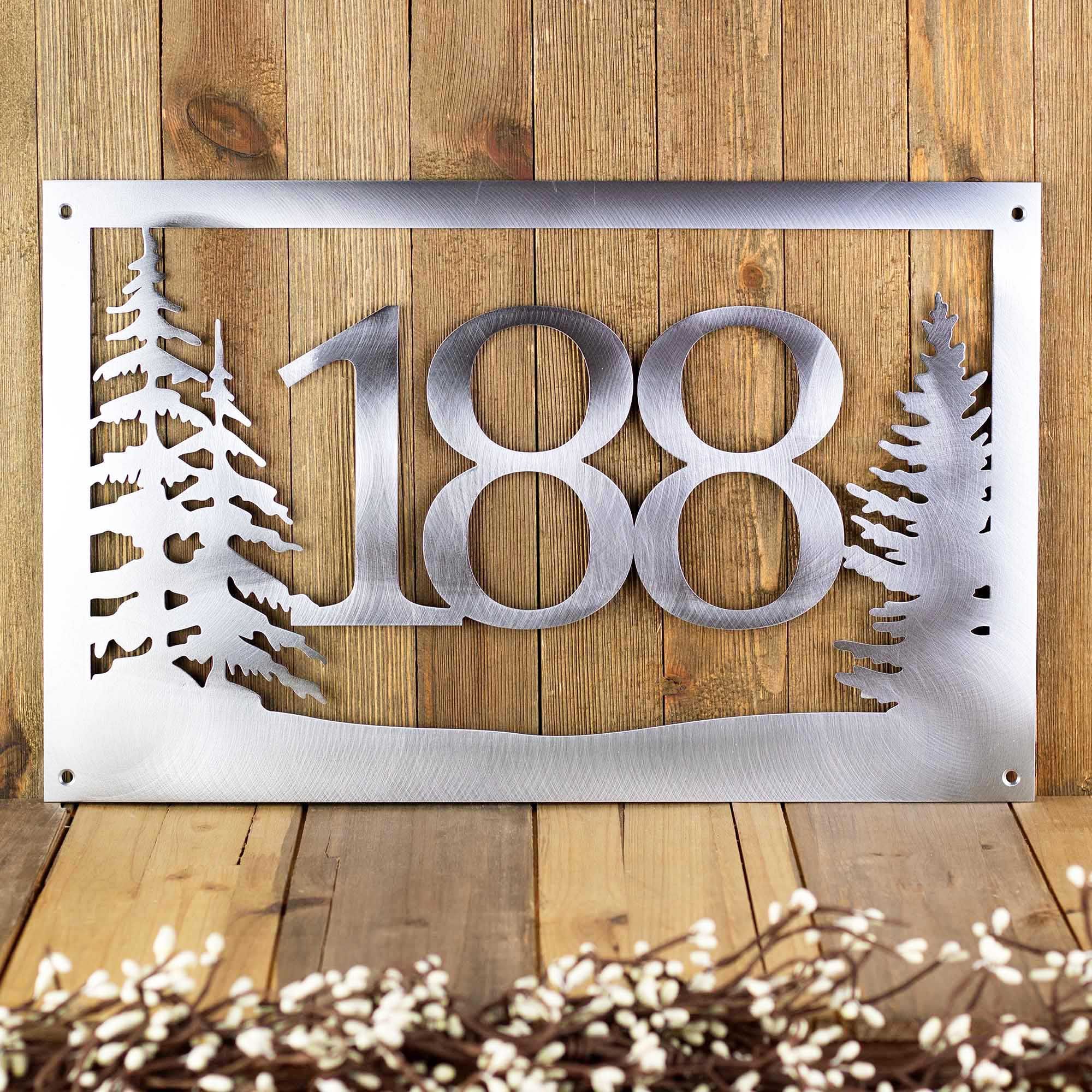 Metal House Number Rectangular Sign with Pine Trees 5 