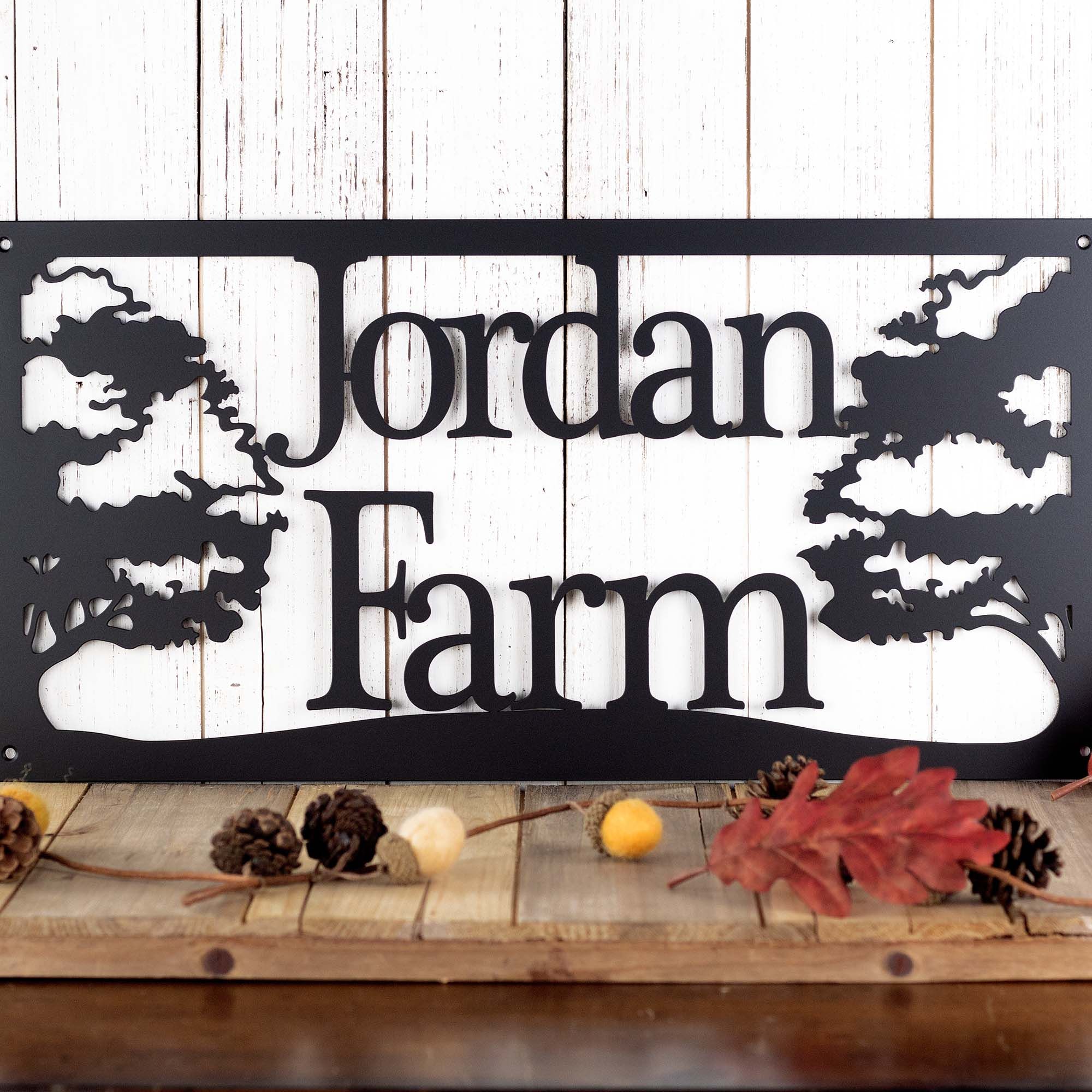Personalized Rectangular Metal Family Name Sign with Oak Trees 3 