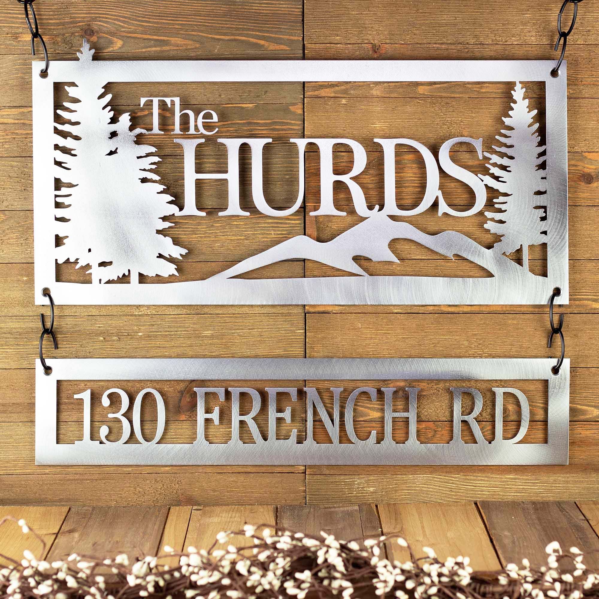 Personalized Metal Family Name and Address Sign with Mountains and Pine Trees 6 