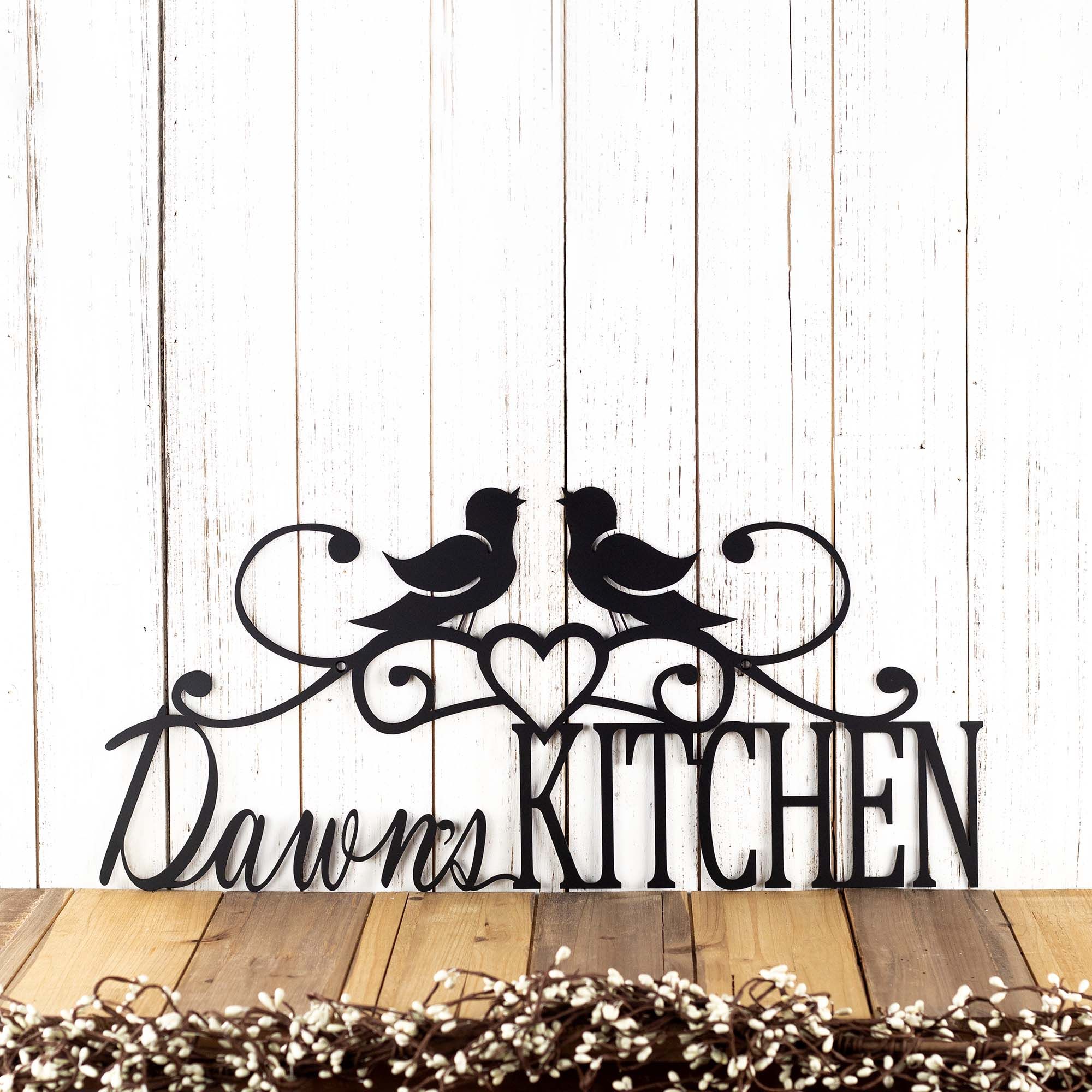 Personalized Country Farmhouse Metal Kitchen Name Sign, Birds, Scrolls and Heart Decoration, Baker & Cook Wall Art, Custom Chef Home Decor