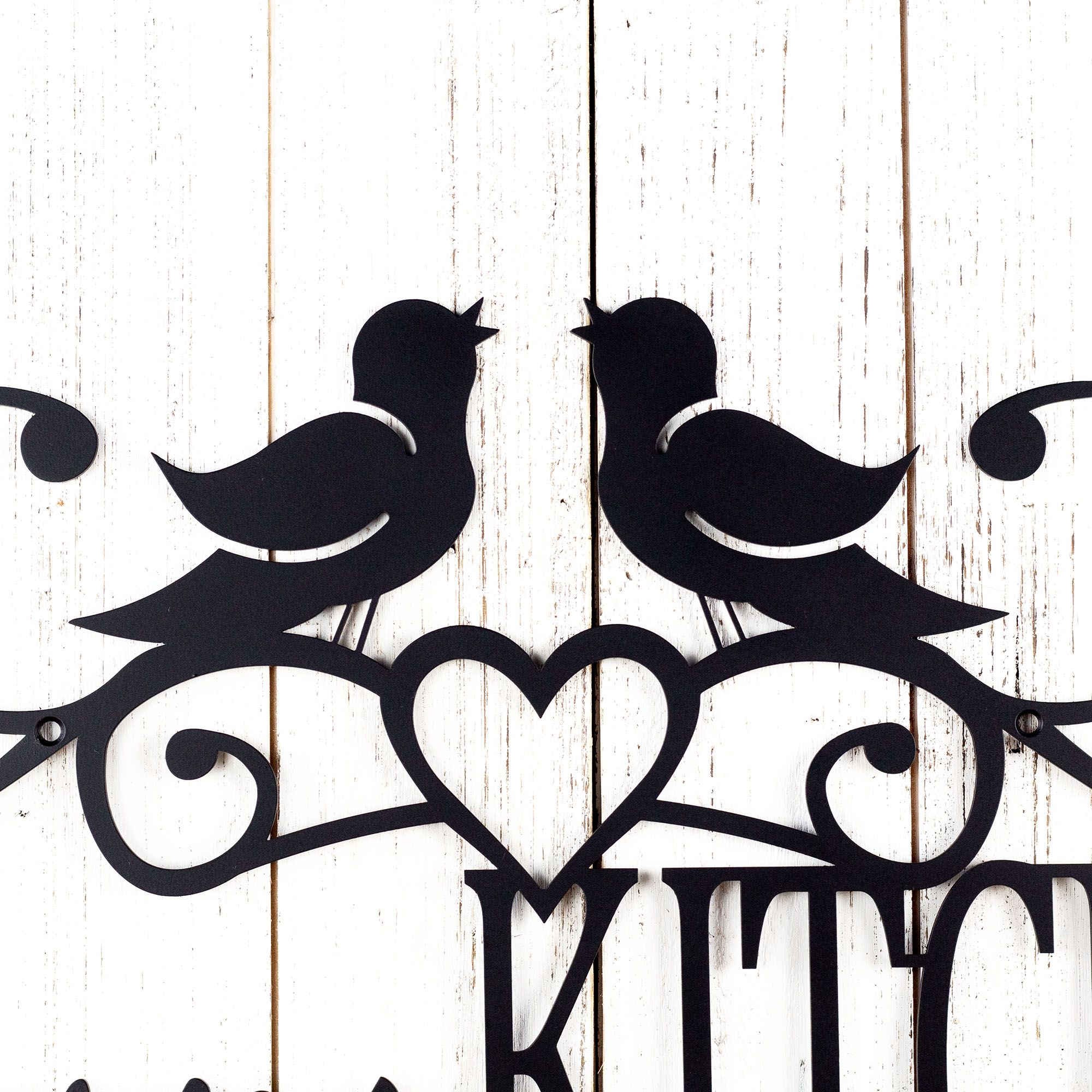 Personalized Country Farmhouse Metal Kitchen Name Sign, Birds, Scrolls and Heart Decoration, Baker & Cook Wall Art, Custom Chef Home Decor 3 