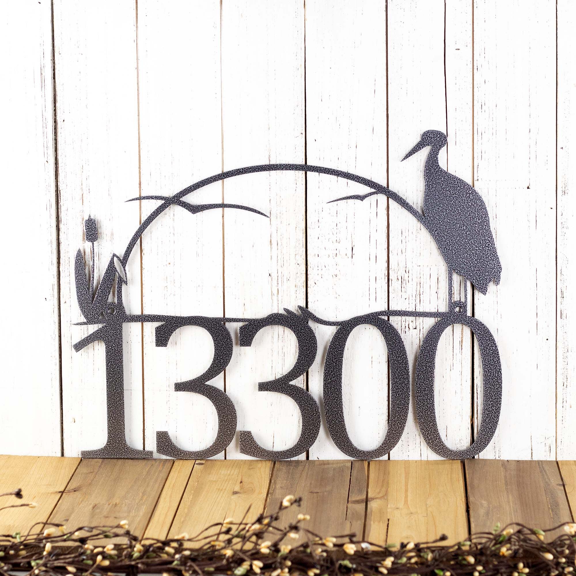 Metal House Numbers Plaque with Sun, Lake Heron, and Cattails 5 