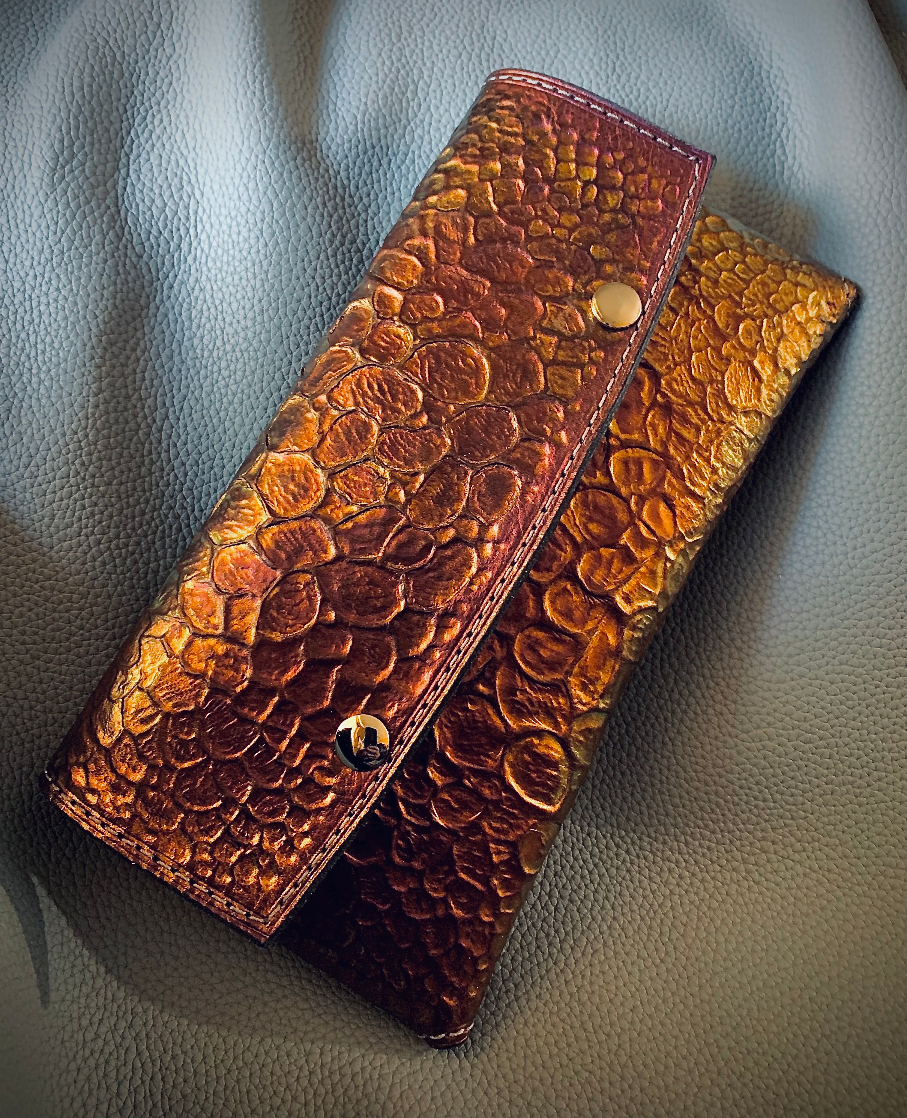 Hand tooled leather clutch dragon skin 1 