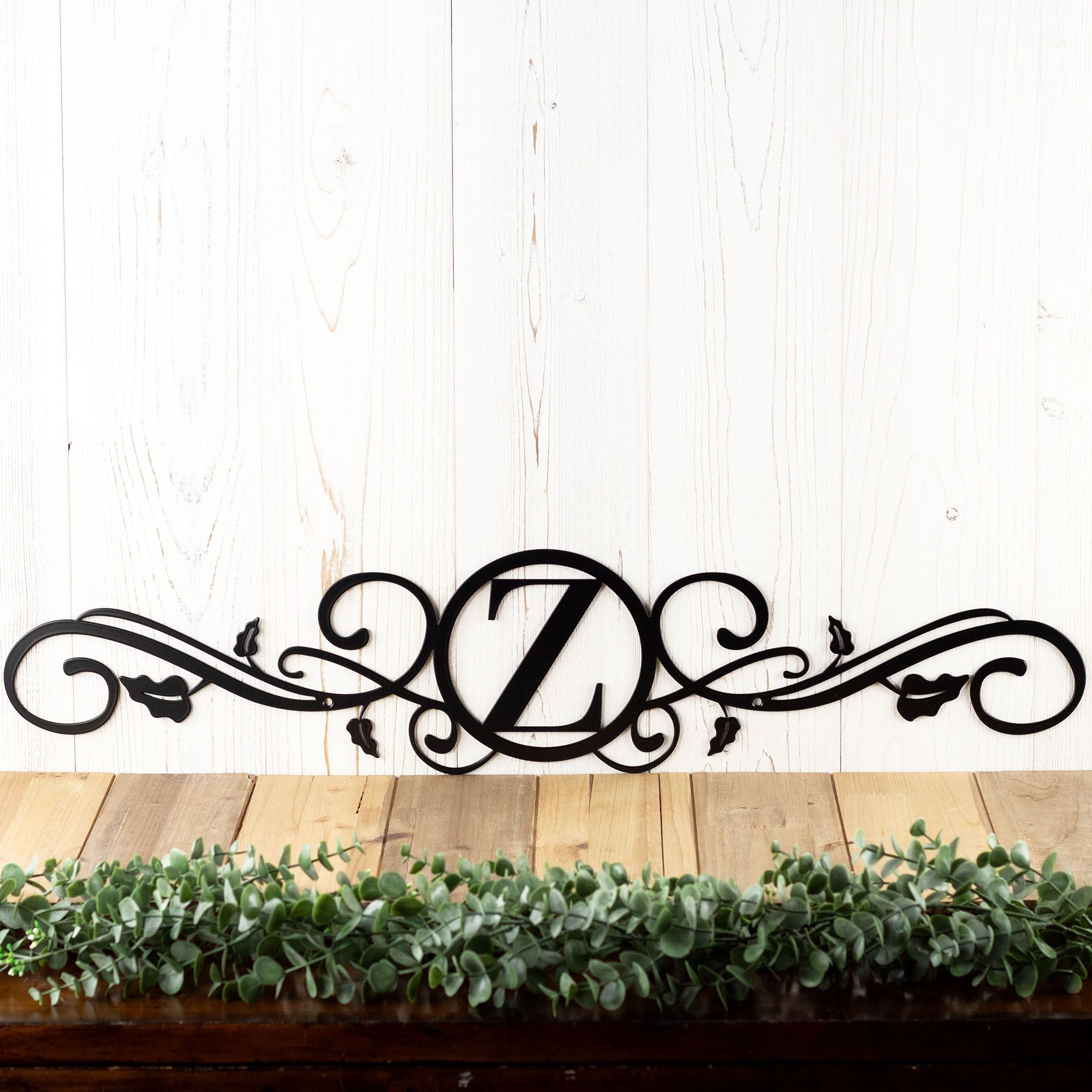 Custom Metal Family Initial Monogram Sign with Scrolls & Vines, Personalized Elegant Horizontal Last Name Letter Steel Plaque for Couple 3 