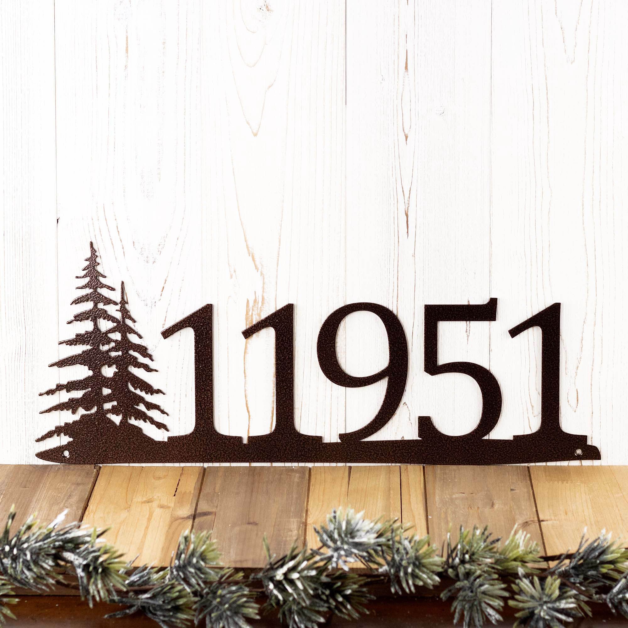 Personalized Metal House Number Sign with Northern Pine Trees Scene, Horizontal 5 inch Numbers, Custom Farmhouse Rustic Address Plaque 5 