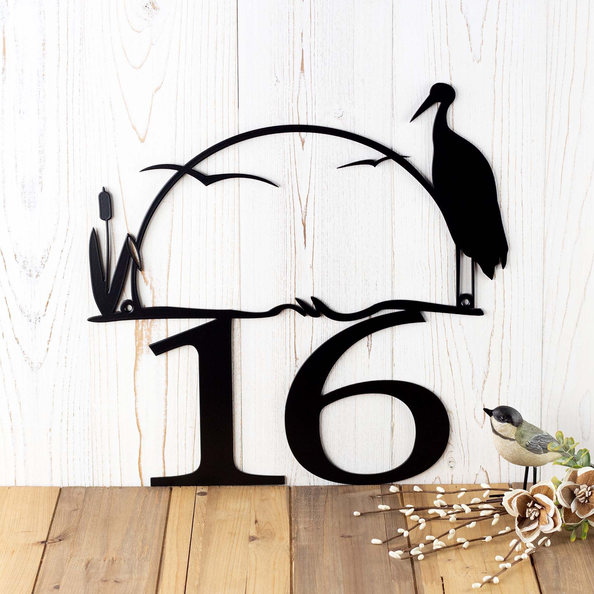 Metal House Numbers Plaque with Sun, Lake Heron, and Cattails 3 