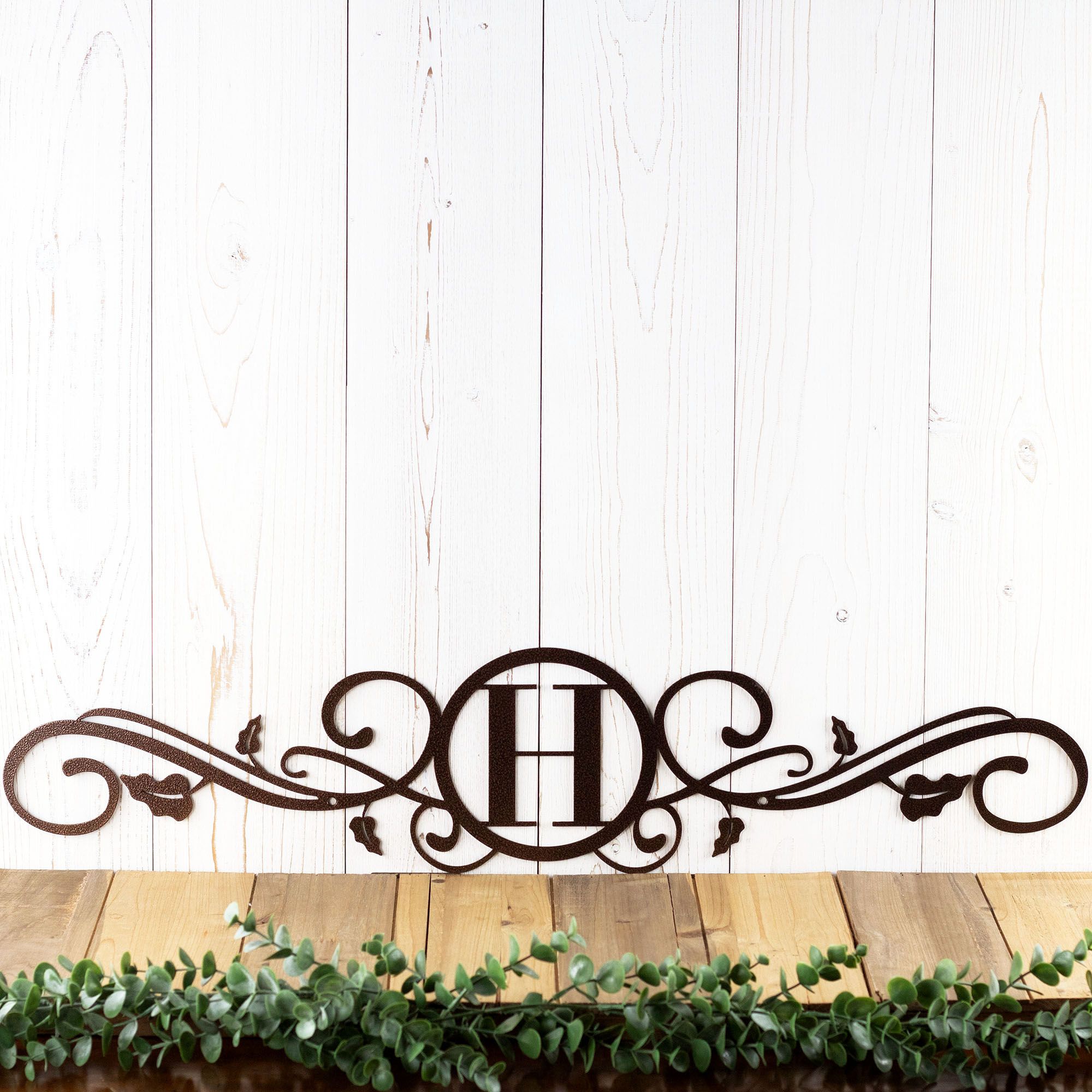 Personalized Scroll Letter Monogram Metal Wall Art, Elegant Leaves and Vines Design, Custom Last Name Initial Horizontal Plaque for Doorway 3 