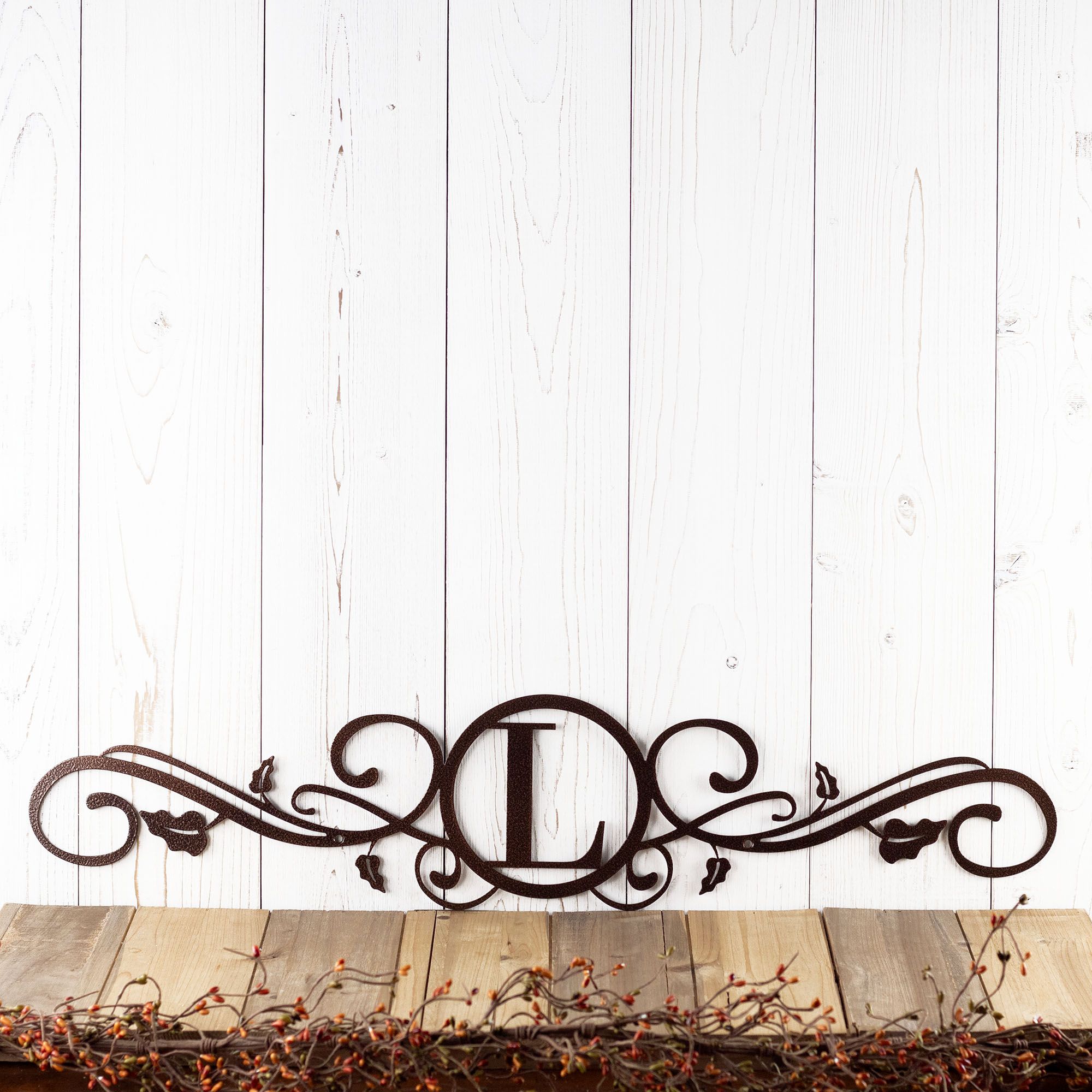 Custom Metal Family Initial Monogram Sign with Scrolls & Vines, Personalized Elegant Horizontal Last Name Letter Steel Plaque for Couple