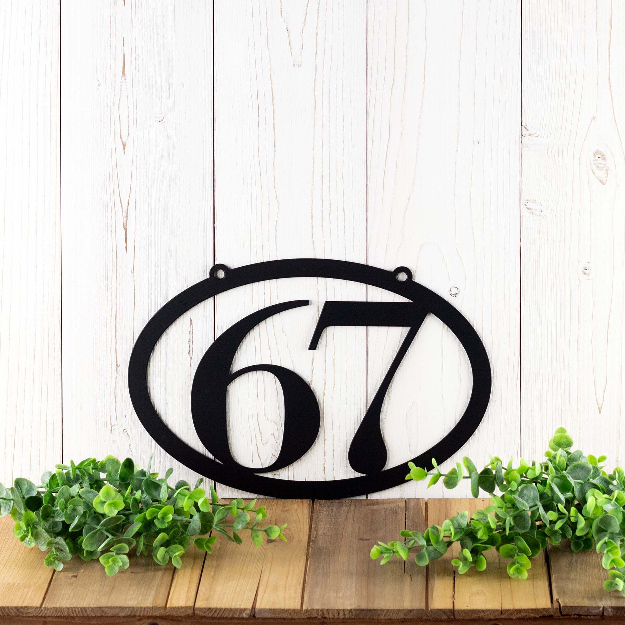 Personalized Contemporary Hanging Oval Metal House Number Sign, Minimalist Horizontal Outdoor Address Plaque, Modern 5 inch Serif Numbers 3 