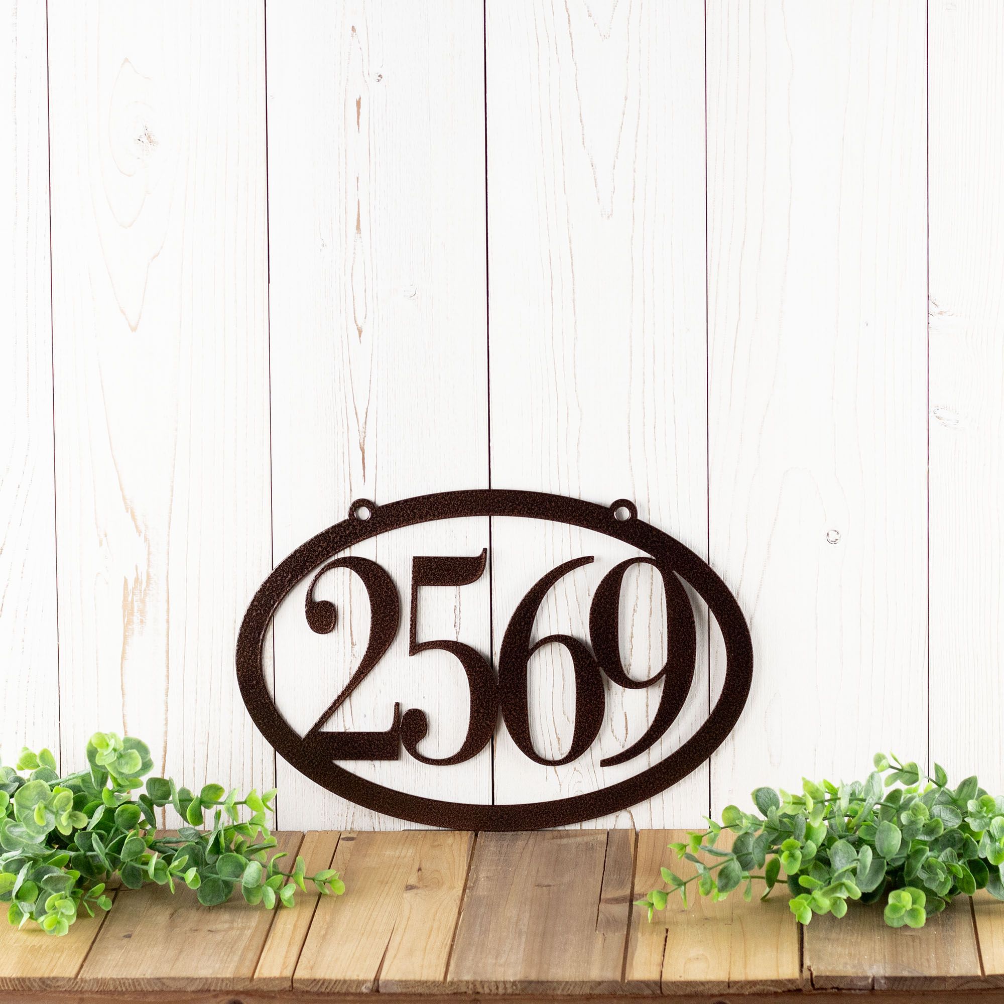 Personalized Contemporary Hanging Oval Metal House Number Sign, Minimalist Horizontal Outdoor Address Plaque, Modern 5 inch Serif Numbers 4 