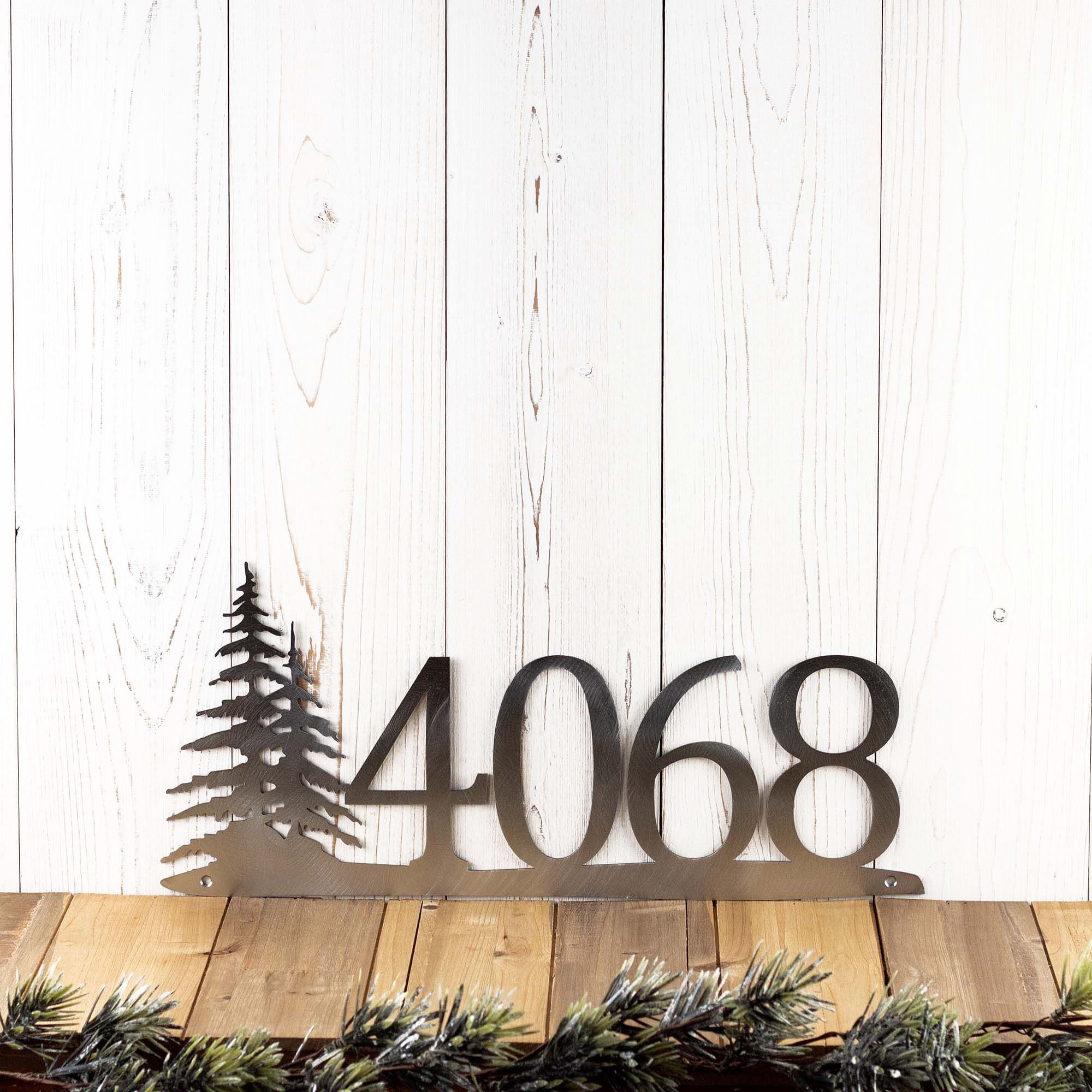 Rustic Personalized Metal House Number Sign, Evergreen Pine Trees Silhouette, Custom Northern Nature Address Steel Plaque, 5 inch Numbers 5 