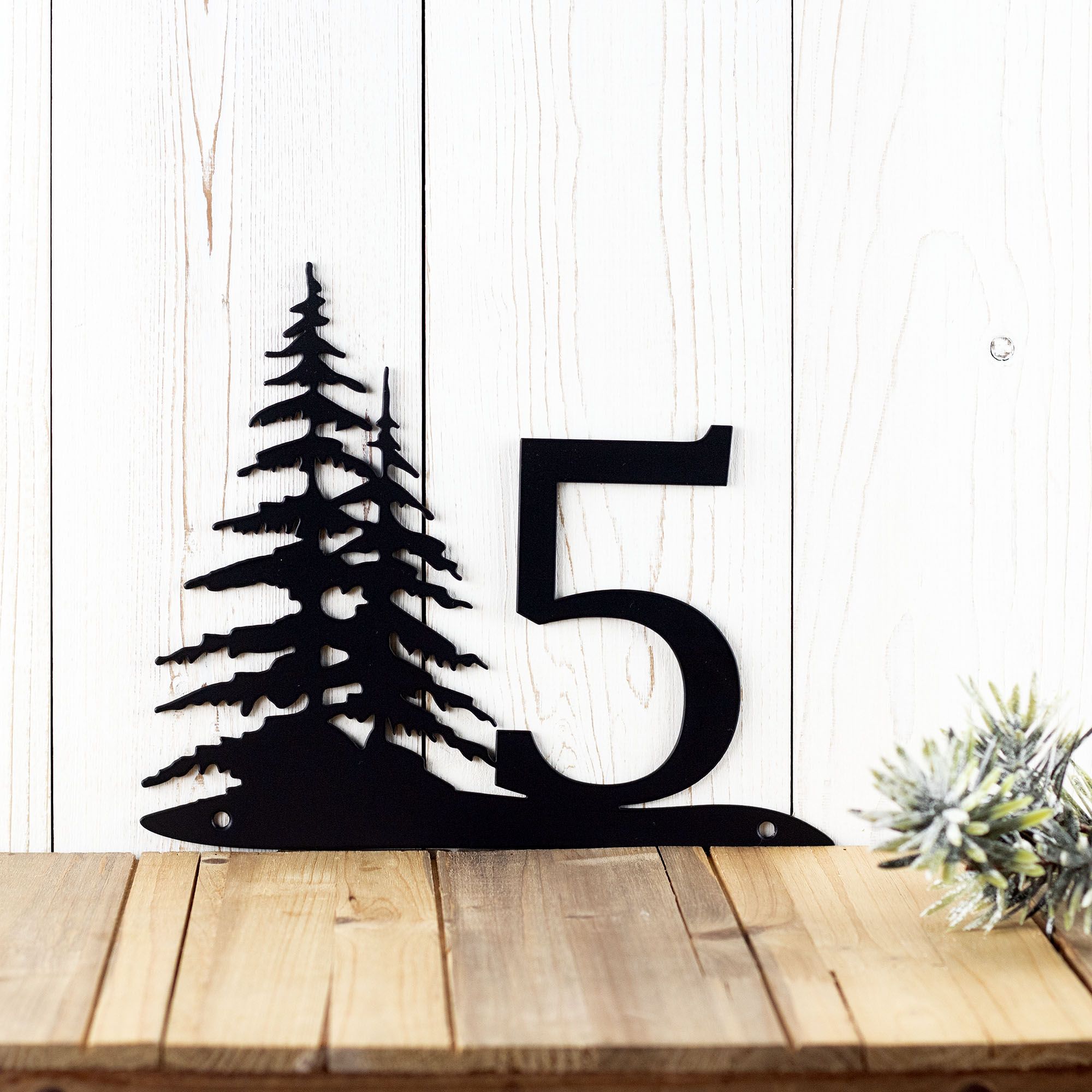 Personalized Metal House Number Sign with Northern Pine Trees Scene, Horizontal 5 inch Numbers, Custom Farmhouse Rustic Address Plaque 3 