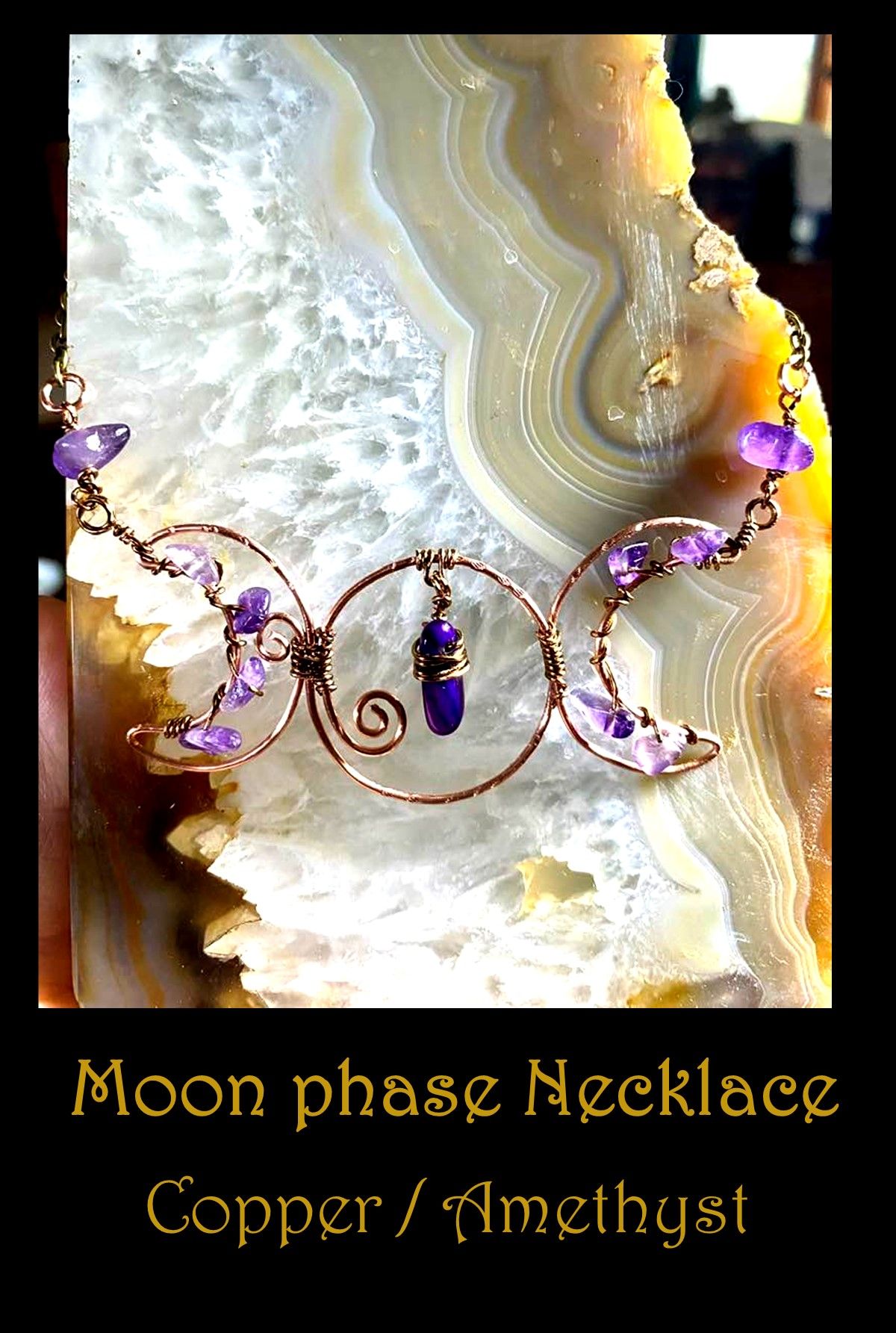 Moon phase Necklace, Moon necklace, Celestial, jewelry, Artisan hand created, Copper, Amethyst, Necklace, Witch jewelry