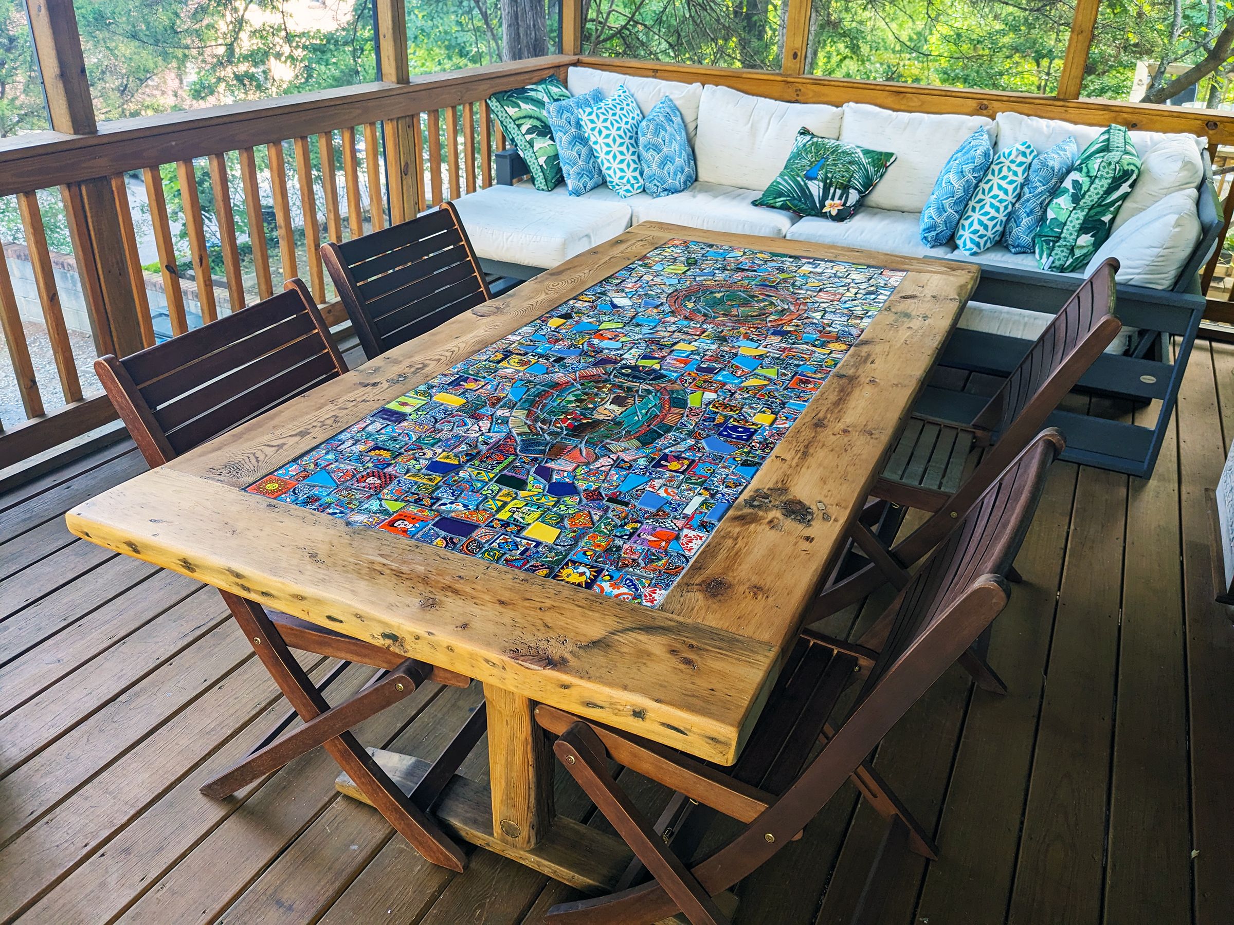 Reclaimed Lumber Inlaid Mosaic Outdoor Patio Table 4 