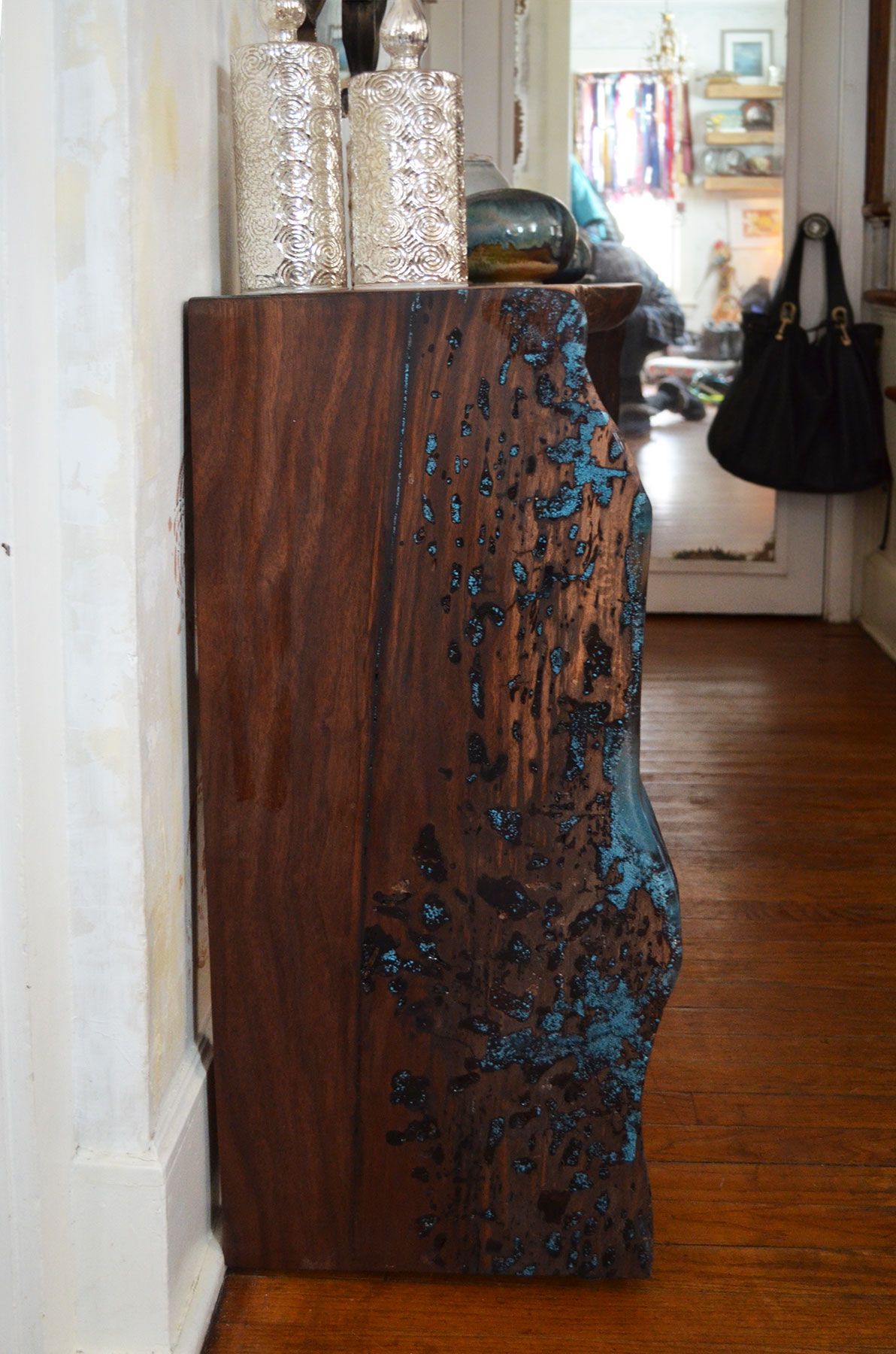 Live edge walnut with epoxy resin inlay dining console 6 