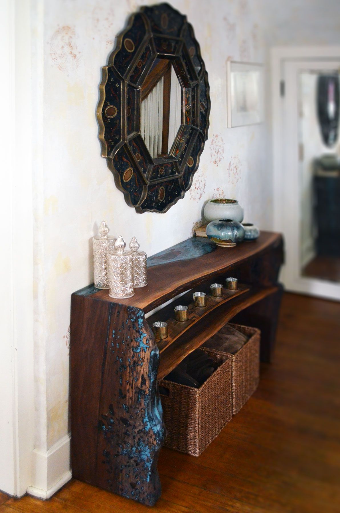 Live edge walnut with epoxy resin inlay dining console 3 