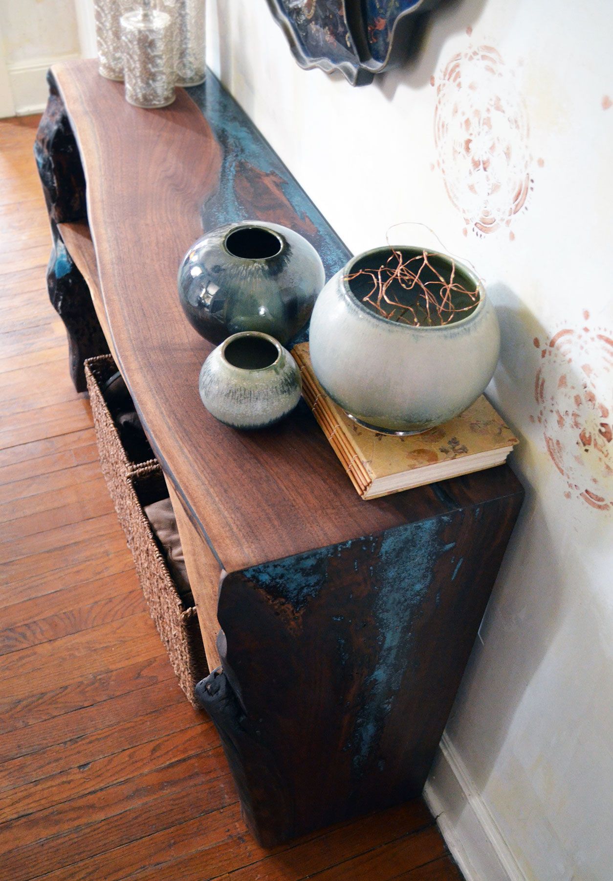 Live edge walnut with epoxy resin inlay dining console 4 